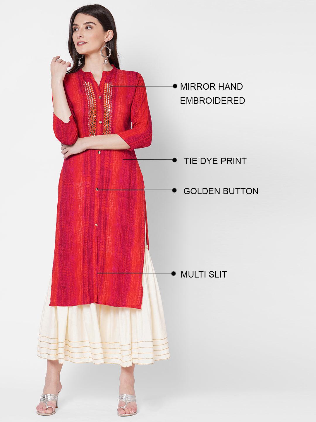 Tie-Dye Printed & Hand Embroidered Straight Kurta - Red - Indiakreations