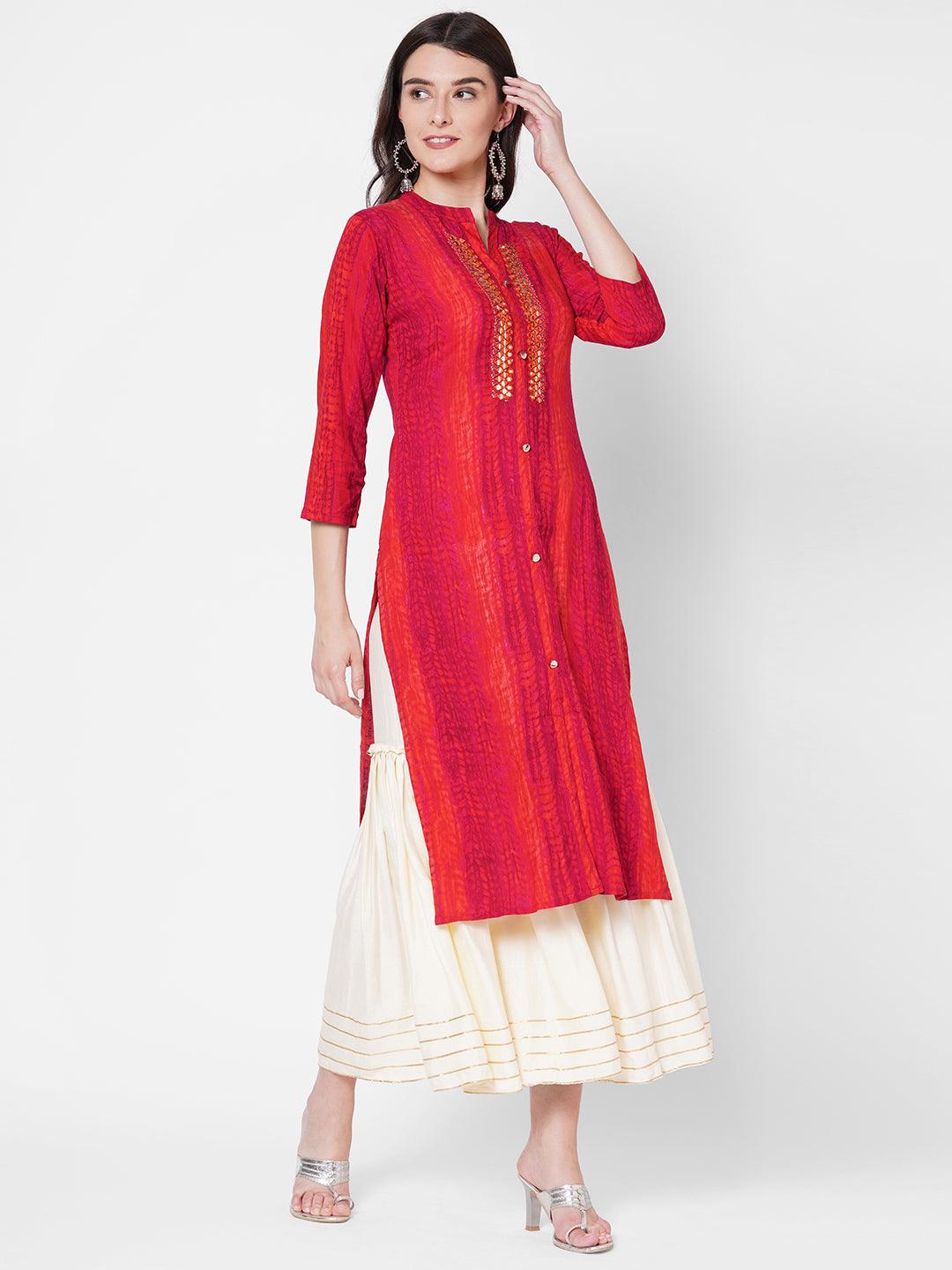 Tie-Dye Printed & Hand Embroidered Straight Kurta - Red - Indiakreations