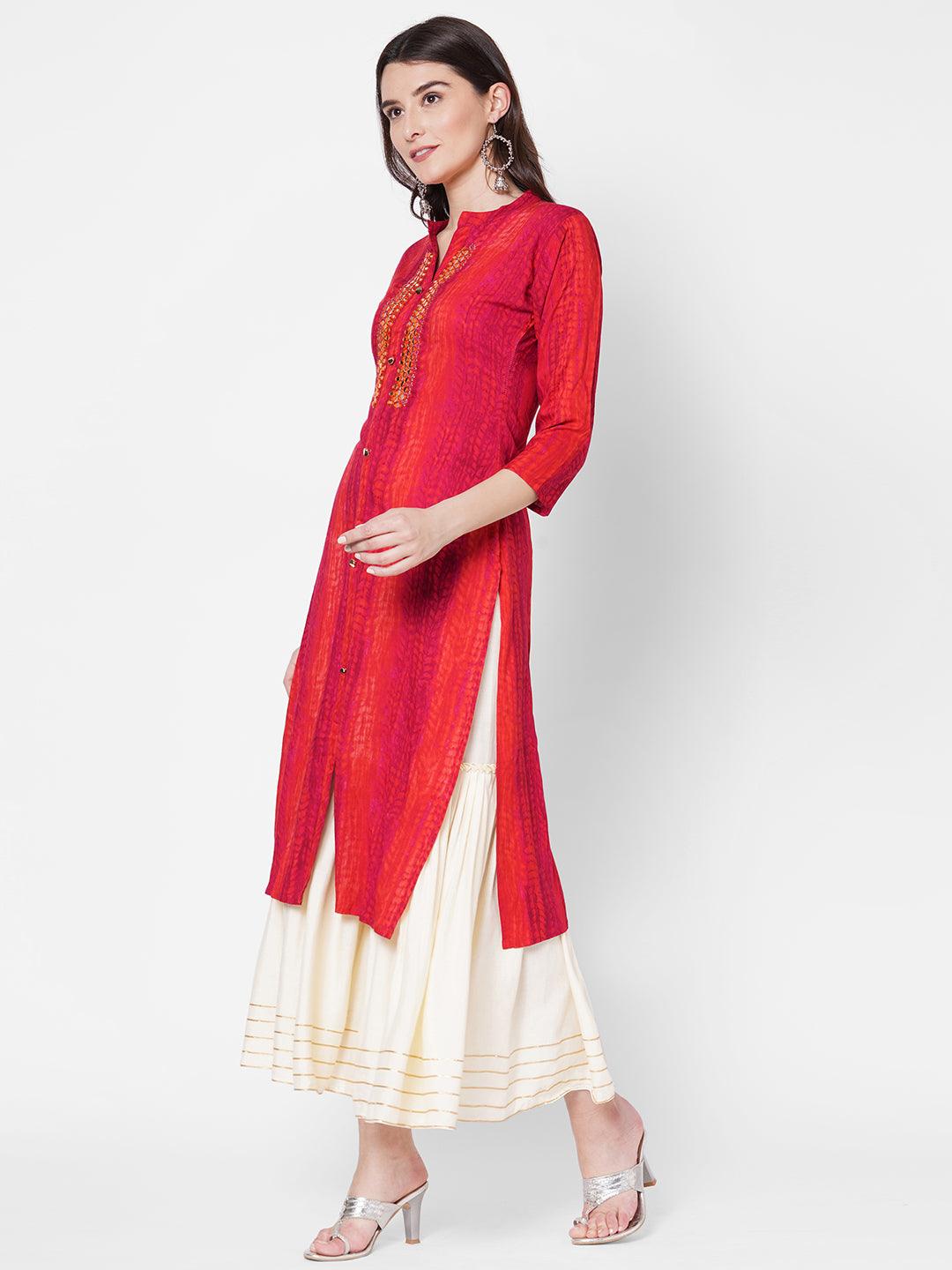 Tie-Dye Printed & Hand Embroidered Straight Kurta - Red - Indiakreations