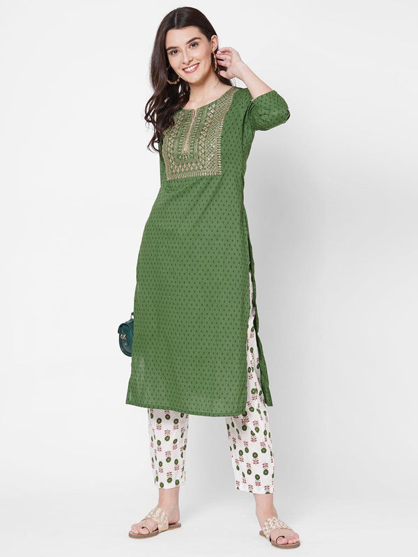 Ethnic Printed & Zari Embroidered Kurta with Block Printed Pant - Green - Indiakreations