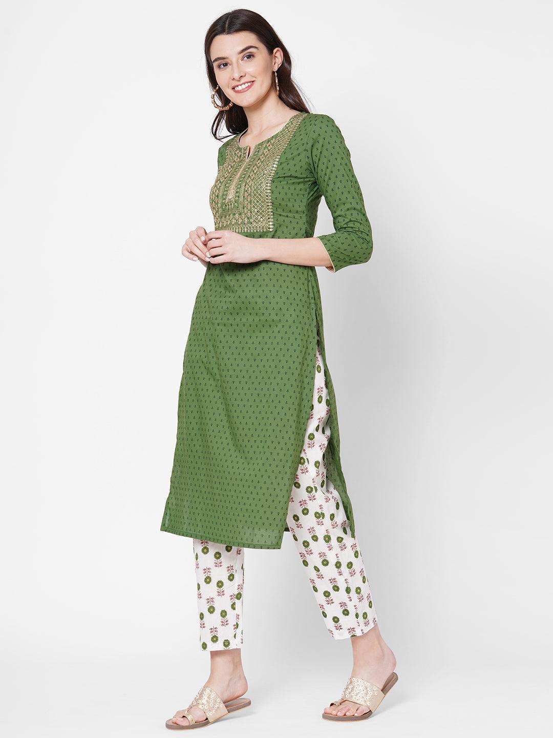 Ethnic Printed & Zari Embroidered Kurta with Block Printed Pant - Green - Indiakreations