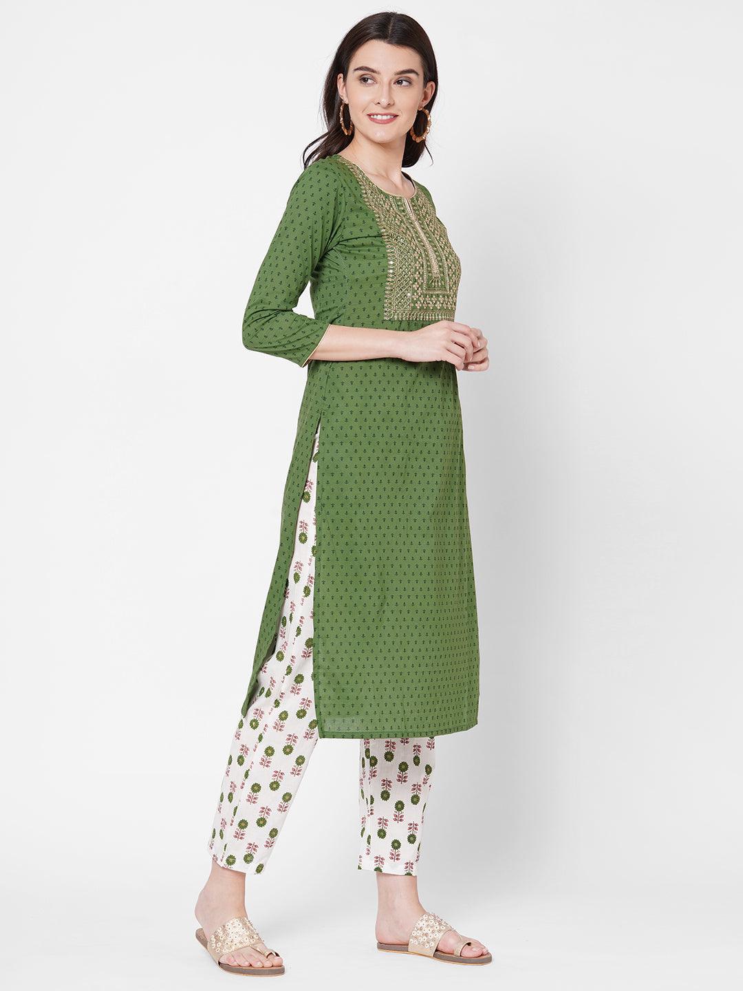 Ethnic Printed & Zari Embroidered Kurta with Block Printed Pant - Green - Indiakreations