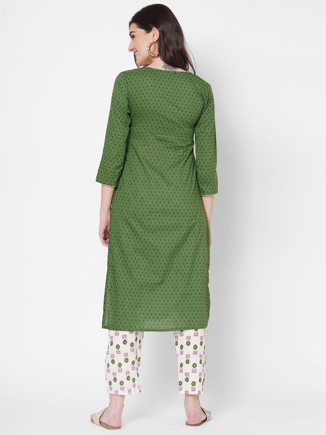 Ethnic Printed & Zari Embroidered Kurta with Block Printed Pant - Green - Indiakreations