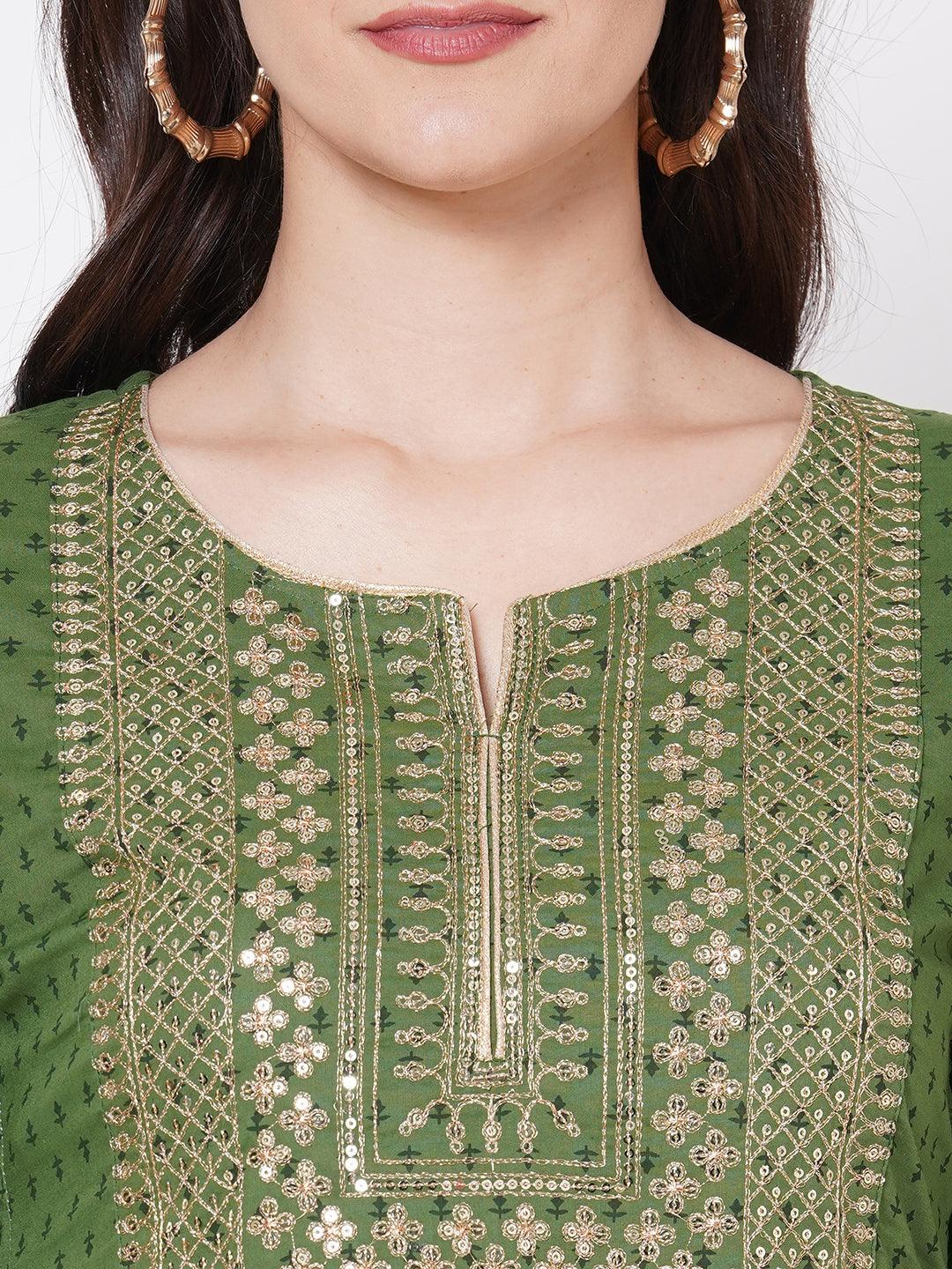 Ethnic Printed & Zari Embroidered Kurta with Block Printed Pant - Green - Indiakreations