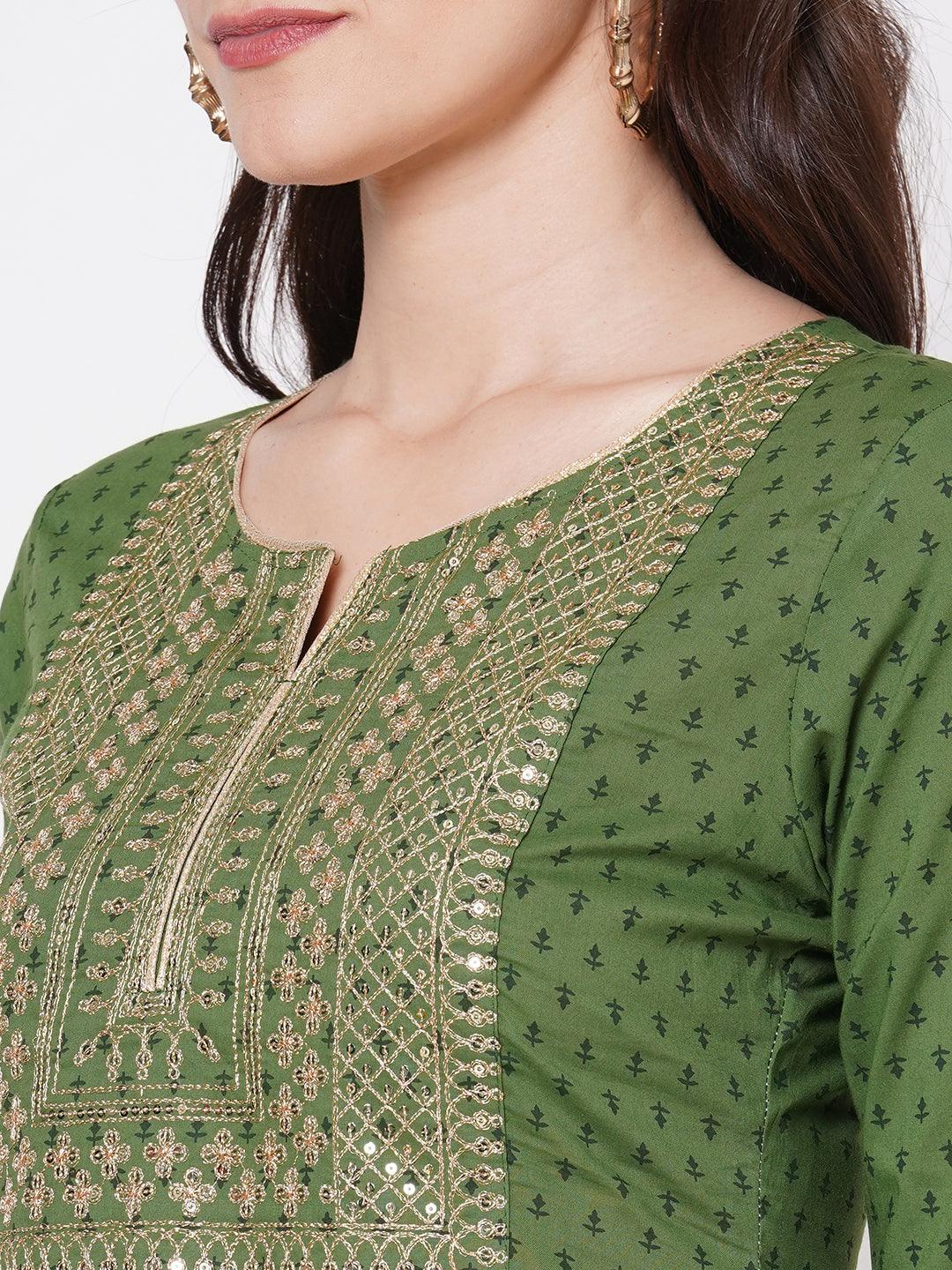 Ethnic Printed & Zari Embroidered Kurta with Block Printed Pant - Green - Indiakreations