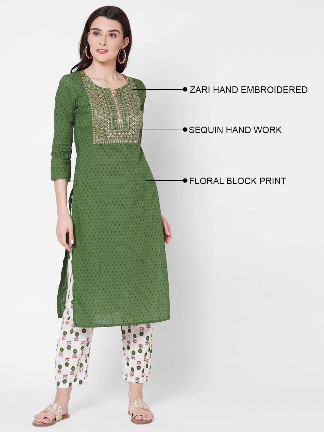 Ethnic Printed & Zari Embroidered Kurta with Block Printed Pant - Green - Indiakreations