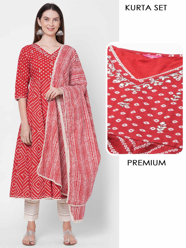 Bandhani Printed Flared Kurta with Hand Embroidered Pant & Striped Dupatta - Red - Indiakreations