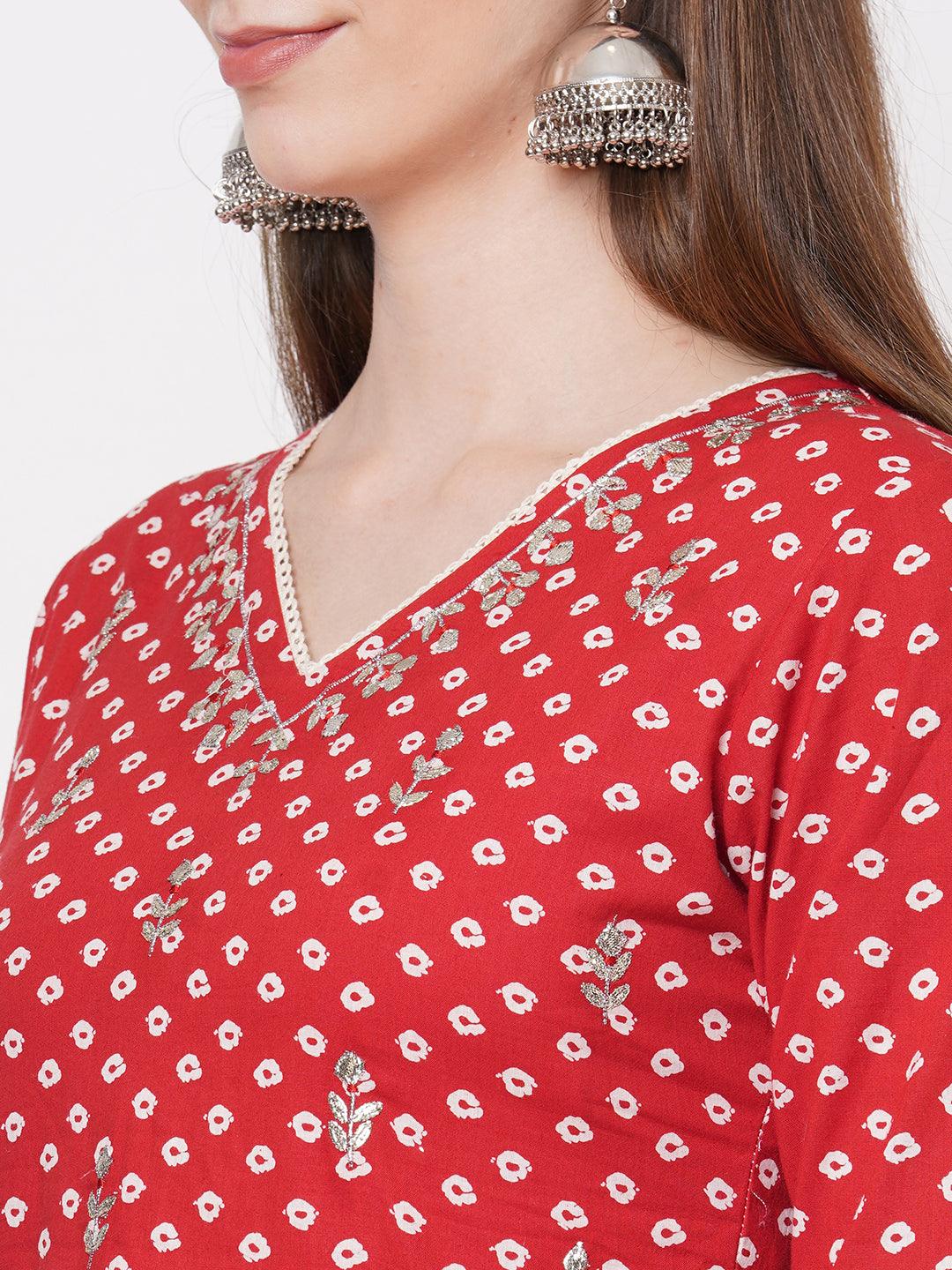 Bandhani Printed Flared Kurta with Hand Embroidered Pant & Striped Dupatta - Red - Indiakreations