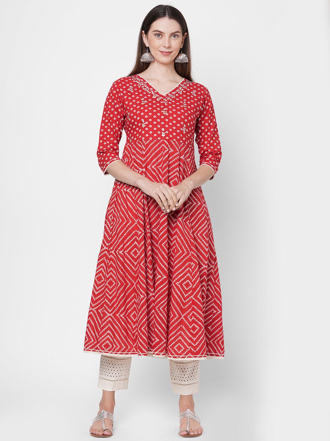 Bandhani Printed Flared Kurta with Hand Embroidered Pant & Striped Dupatta - Red - Indiakreations