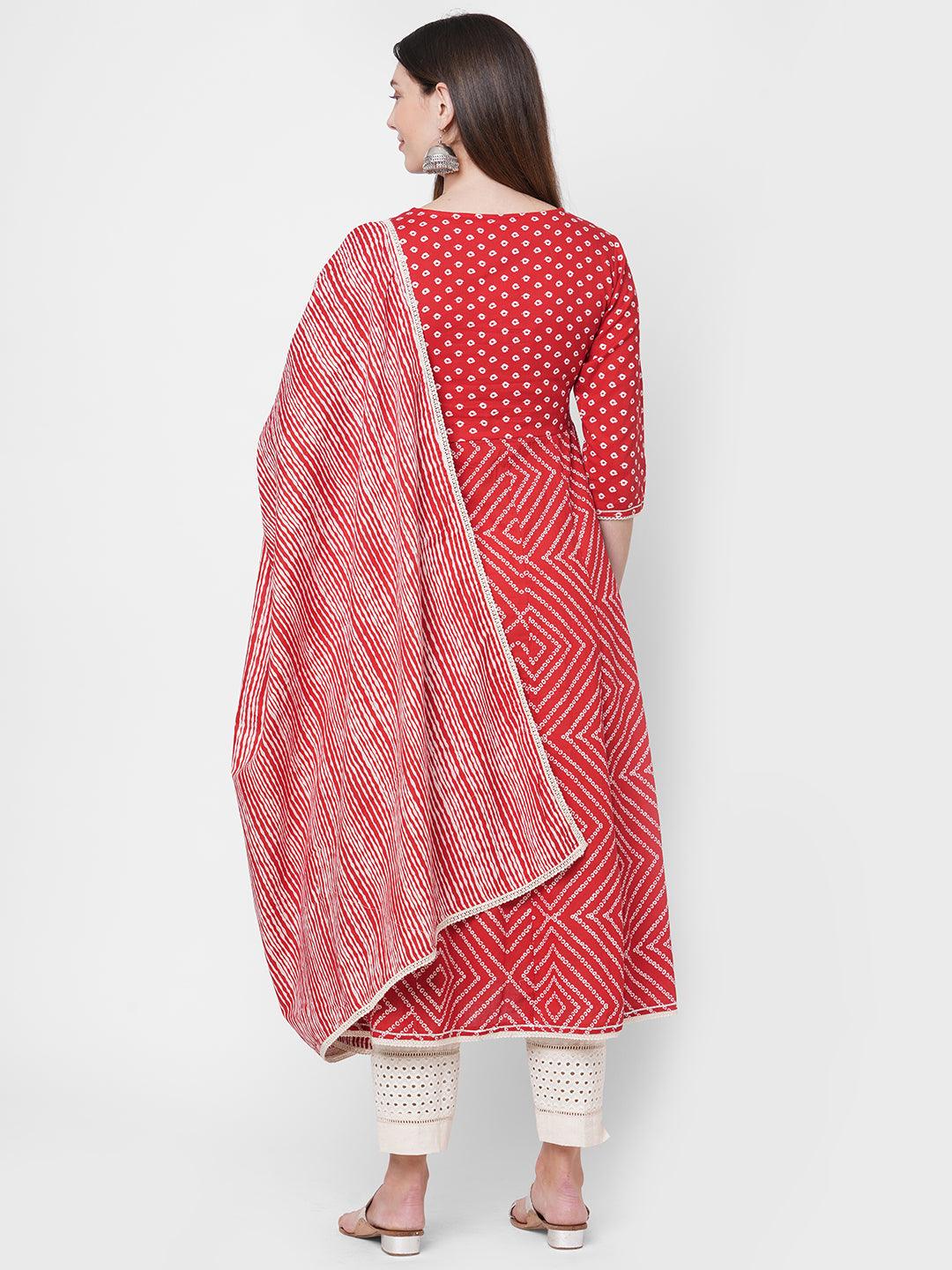 Bandhani Printed Flared Kurta with Hand Embroidered Pant & Striped Dupatta - Red - Indiakreations