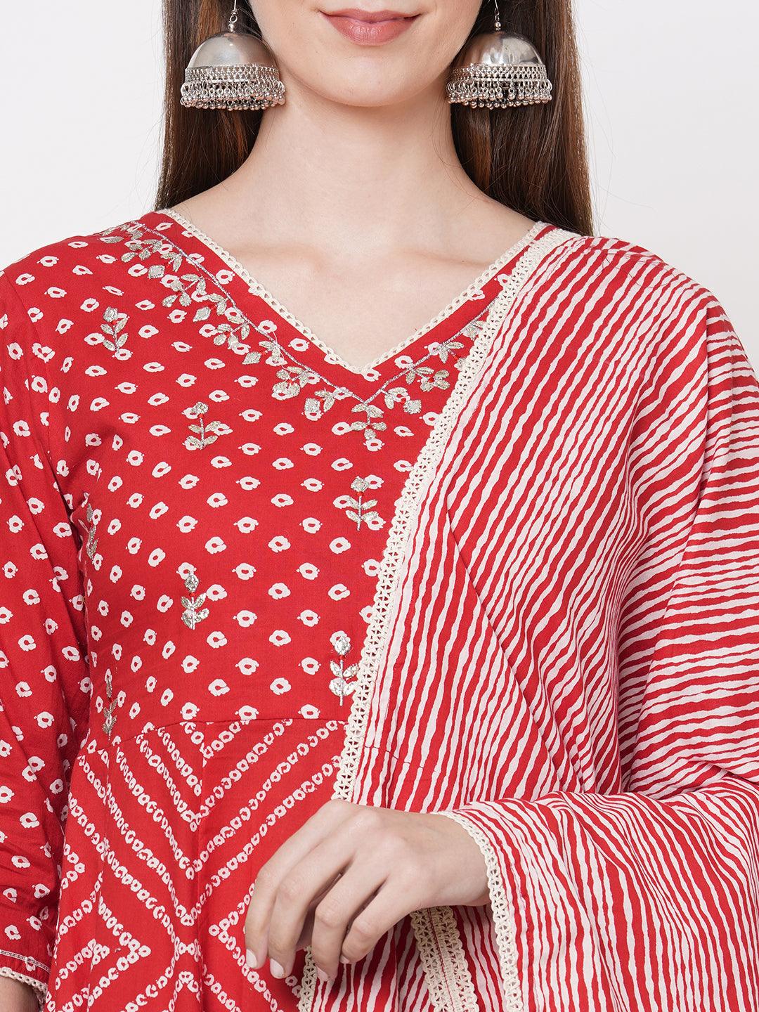 Bandhani Printed Flared Kurta with Hand Embroidered Pant & Striped Dupatta - Red - Indiakreations