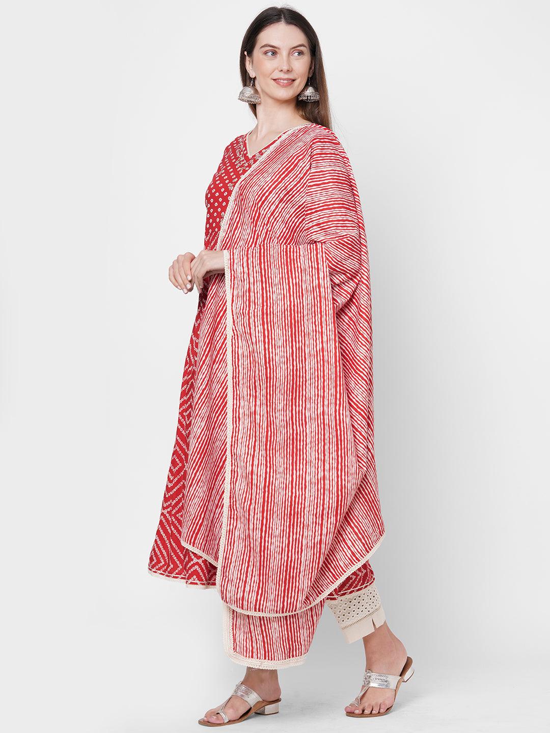 Bandhani Printed Flared Kurta with Hand Embroidered Pant & Striped Dupatta - Red - Indiakreations