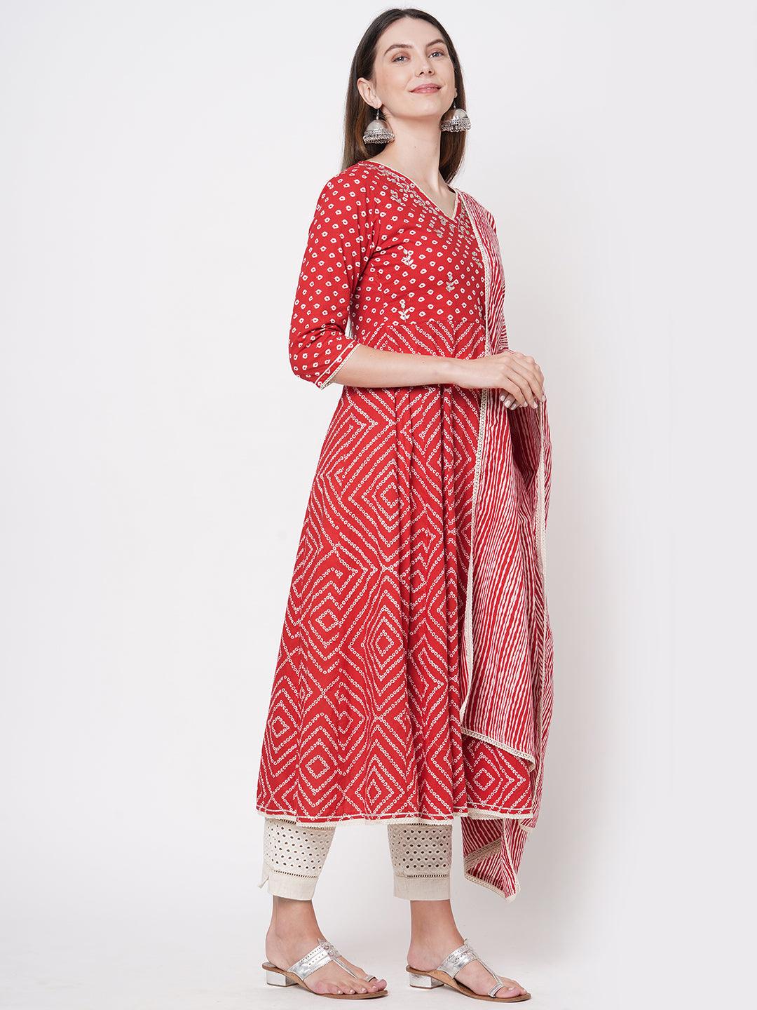 Bandhani Printed Flared Kurta with Hand Embroidered Pant & Striped Dupatta - Red - Indiakreations