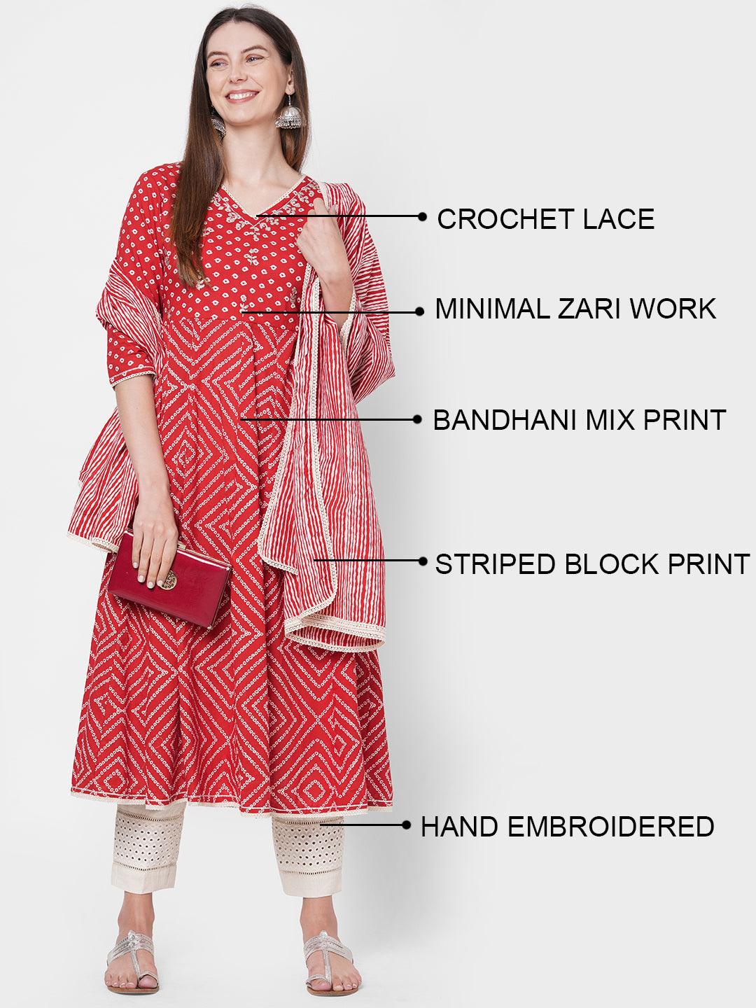 Bandhani Printed Flared Kurta with Hand Embroidered Pant & Striped Dupatta - Red - Indiakreations