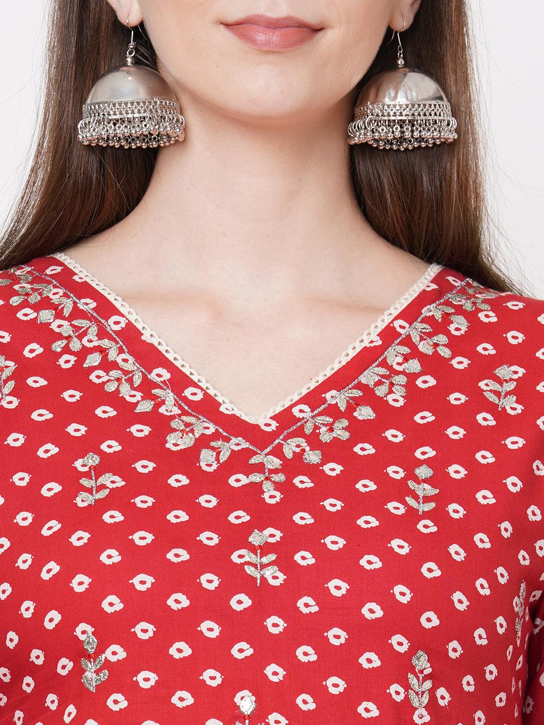 Bandhani Printed Flared Kurta with Hand Embroidered Pant & Striped Dupatta - Red - Indiakreations