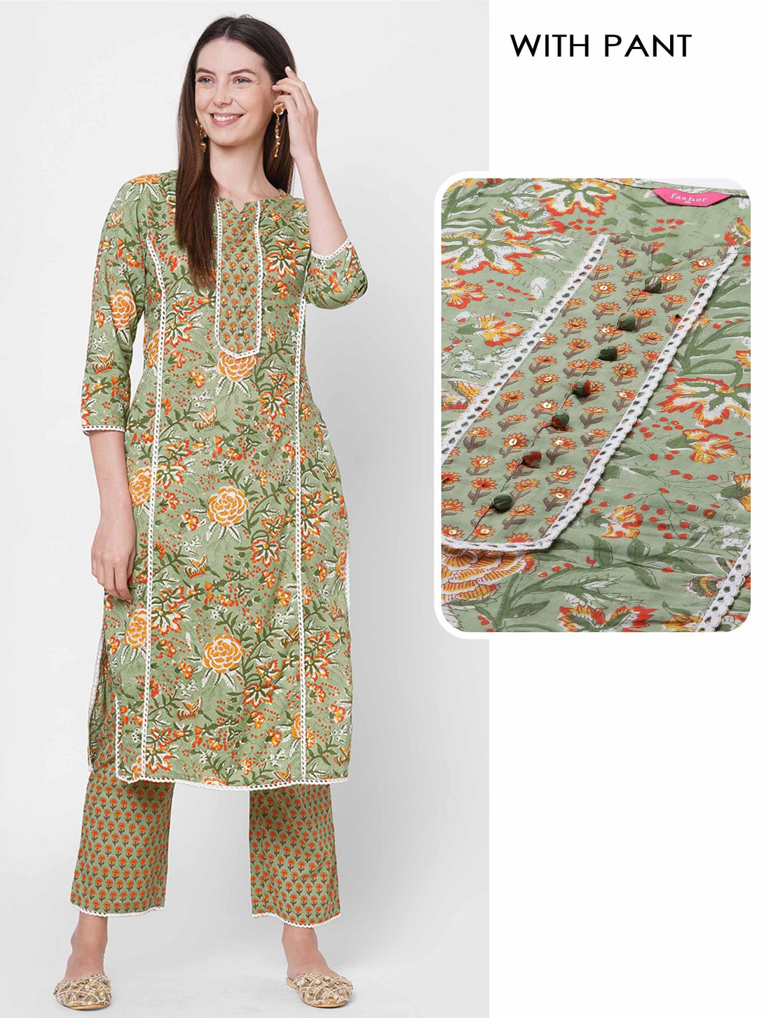 Floral Mix Printed & Embroidered Kurta with Dense Printed Pant - Pistachio Green - Indiakreations