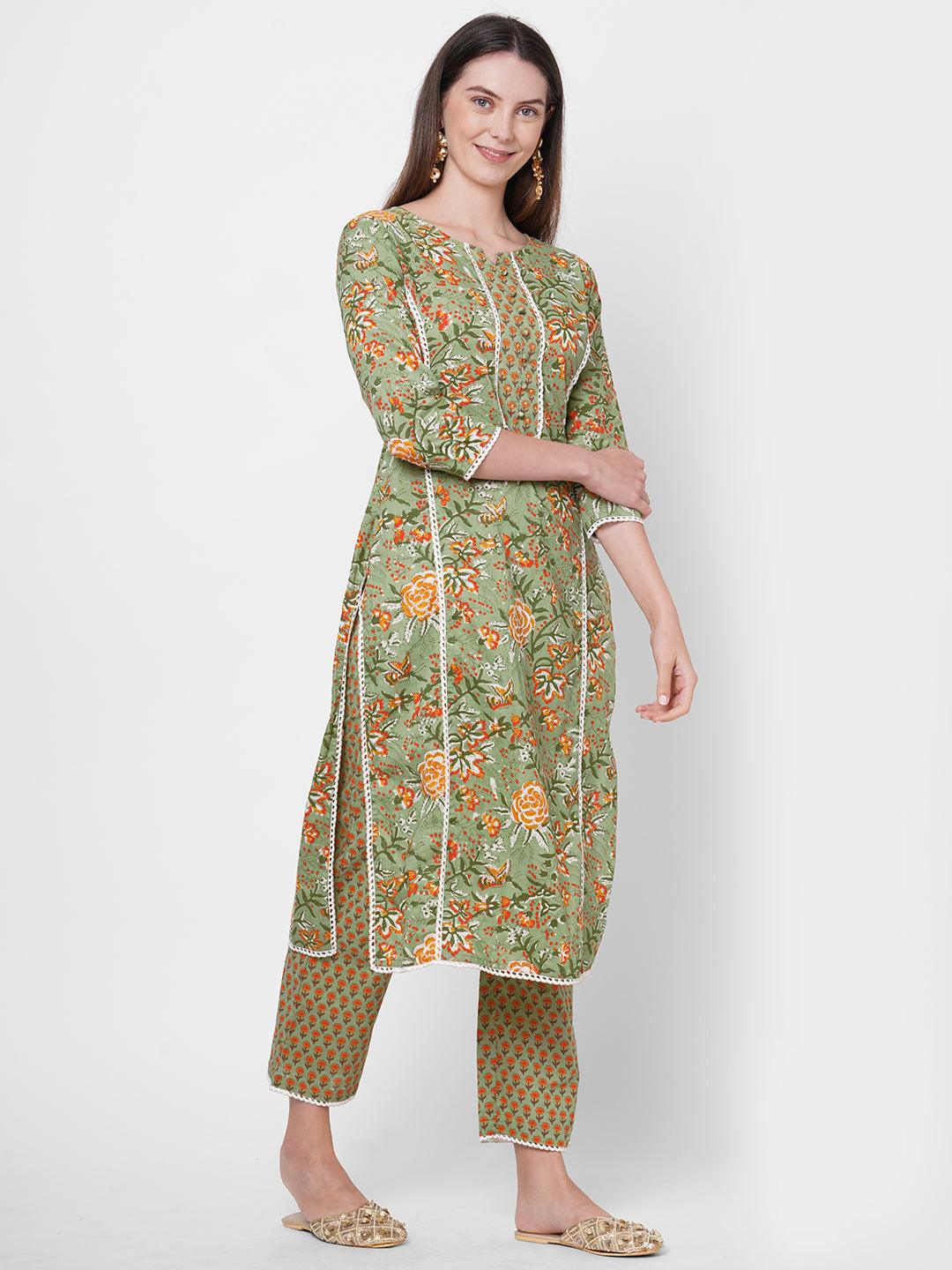 Floral Mix Printed & Embroidered Kurta with Dense Printed Pant - Pistachio Green - Indiakreations