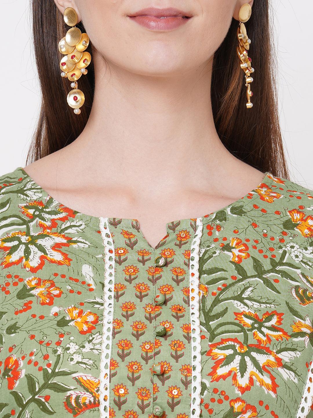 Floral Mix Printed & Embroidered Kurta with Dense Printed Pant - Pistachio Green - Indiakreations