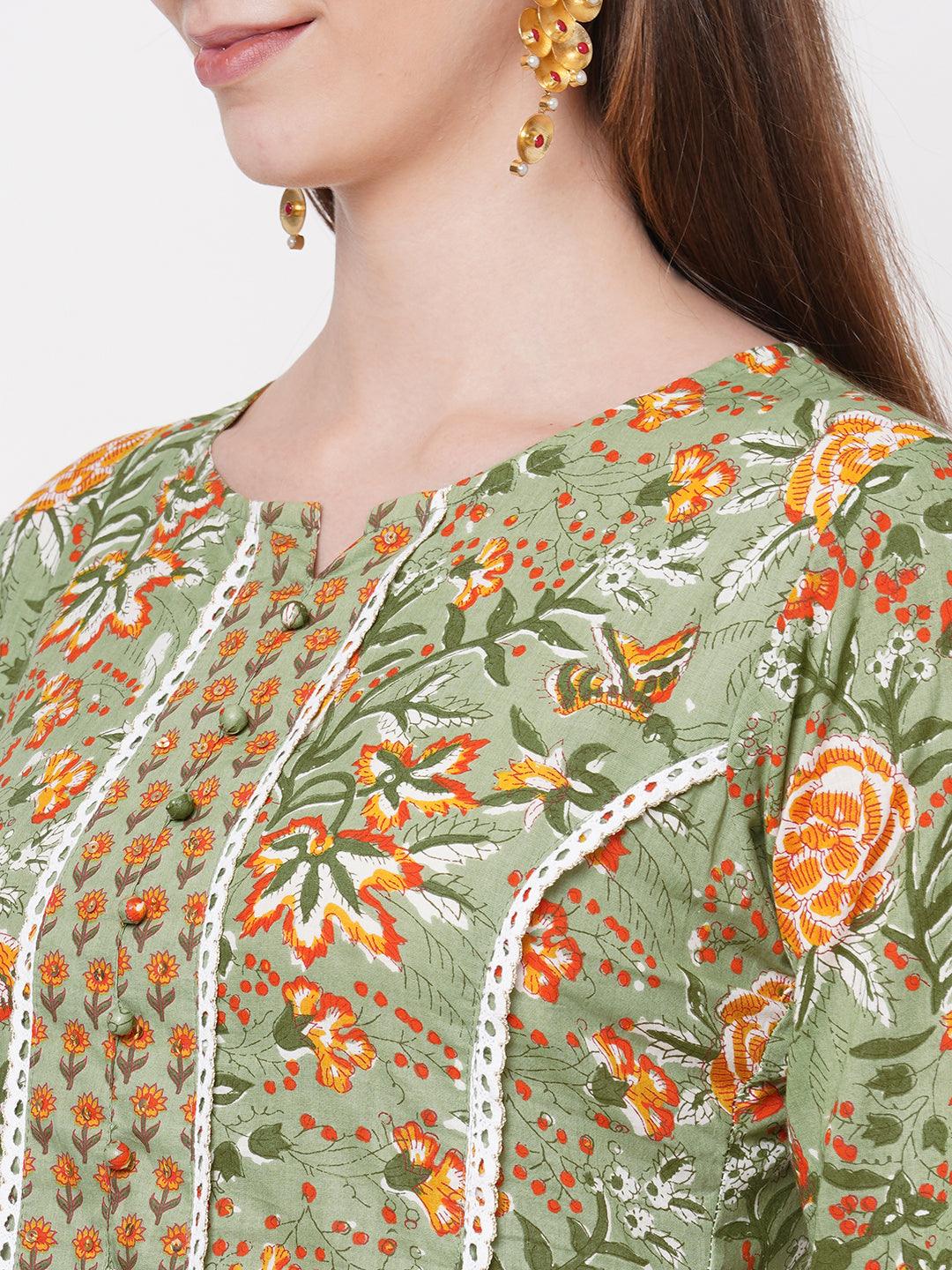 Floral Mix Printed & Embroidered Kurta with Dense Printed Pant - Pistachio Green - Indiakreations