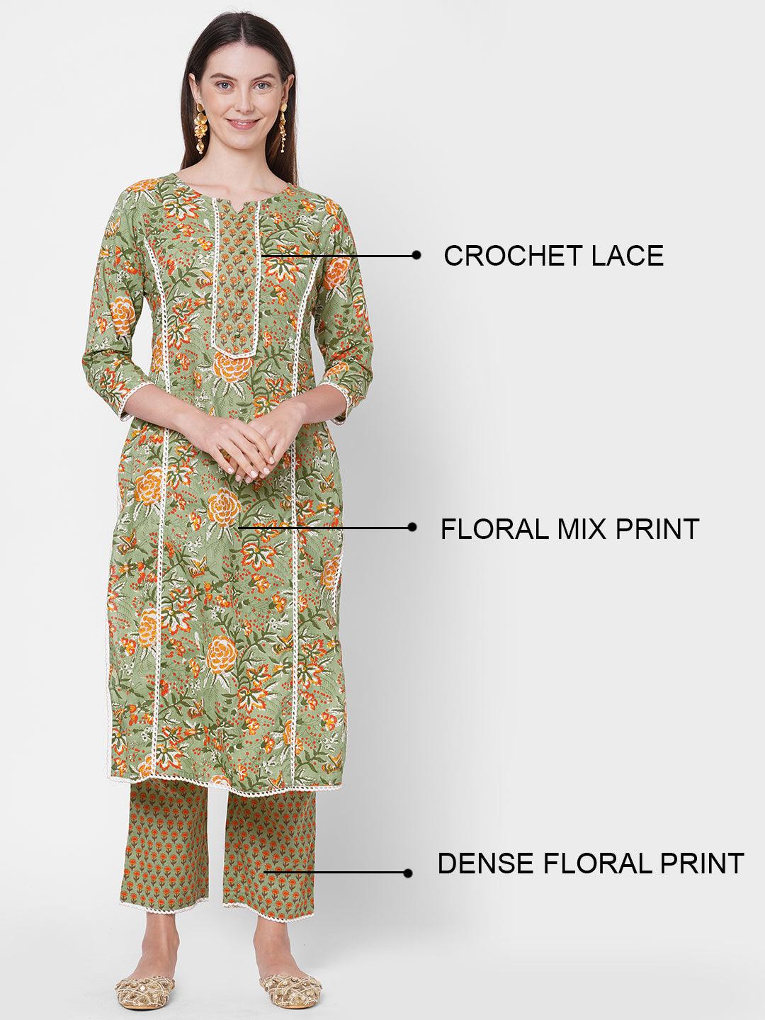 Floral Mix Printed & Embroidered Kurta with Dense Printed Pant - Pistachio Green - Indiakreations