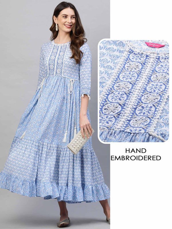 Floral Block Printed & Hand Embroidered Tiered Maxi - Sky Blue - Indiakreations