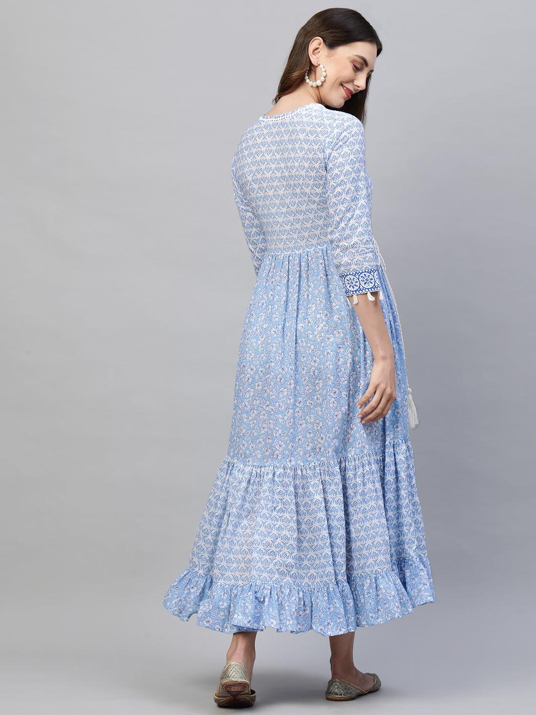 Floral Block Printed & Hand Embroidered Tiered Maxi - Sky Blue - Indiakreations