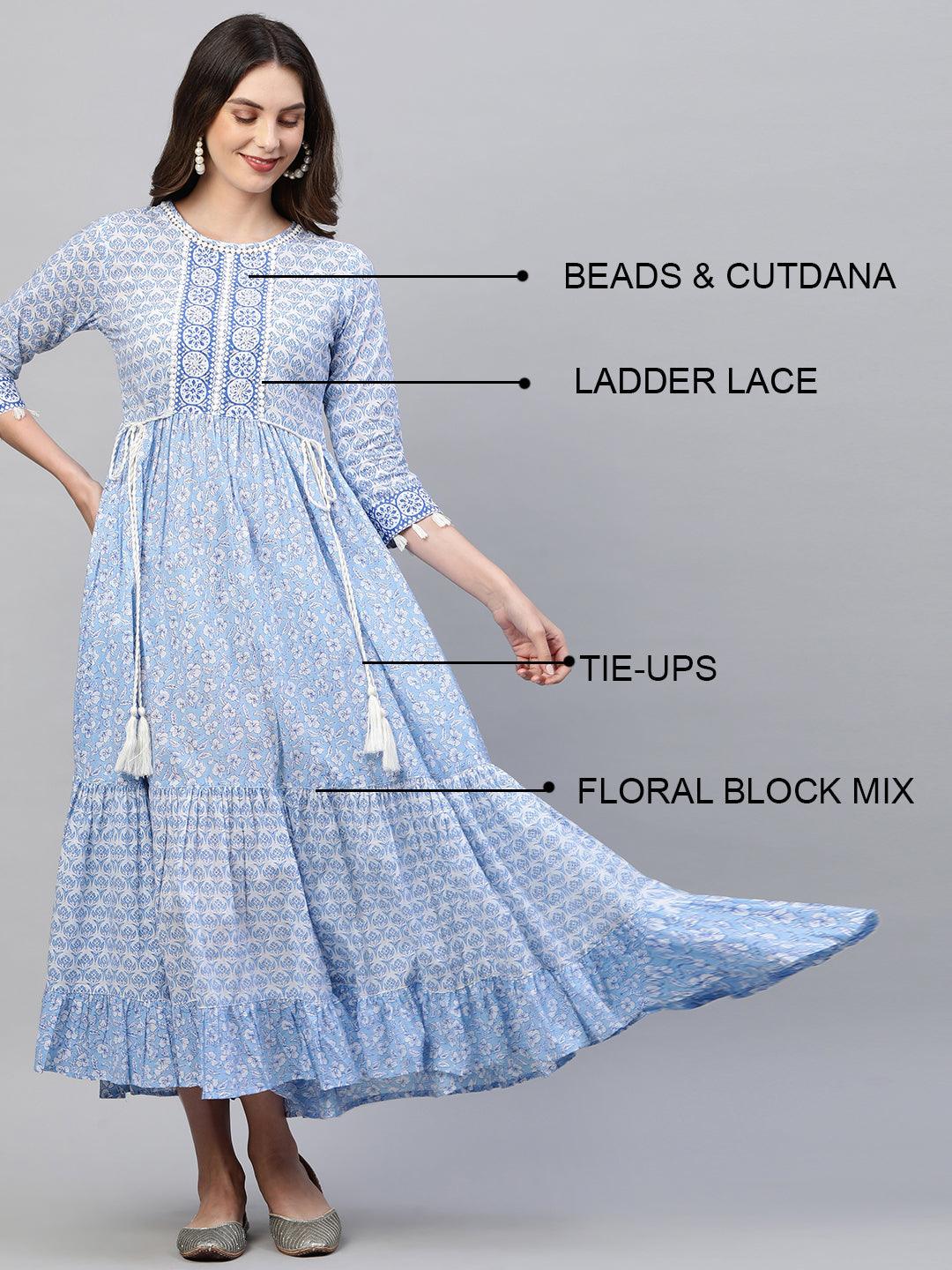 Floral Block Printed & Hand Embroidered Tiered Maxi - Sky Blue - Indiakreations