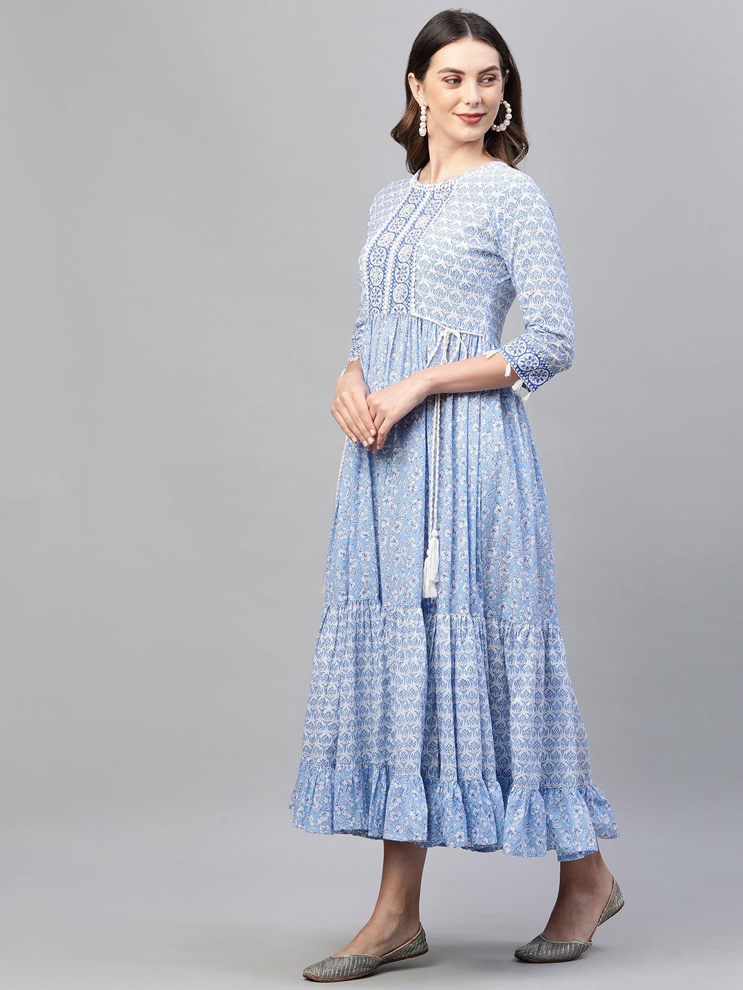 Floral Block Printed & Hand Embroidered Tiered Maxi - Sky Blue - Indiakreations