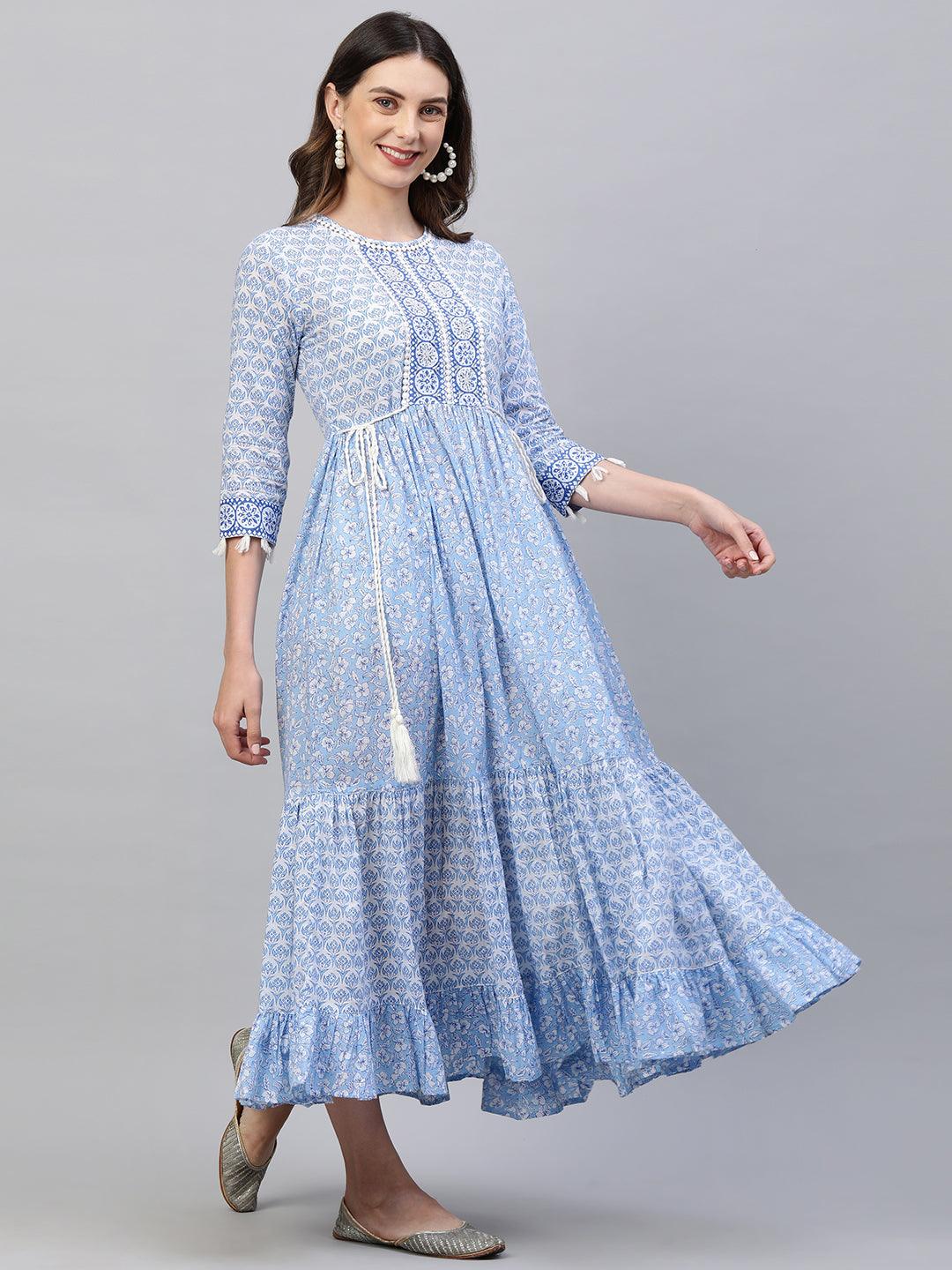 Floral Block Printed & Hand Embroidered Tiered Maxi - Sky Blue - Indiakreations