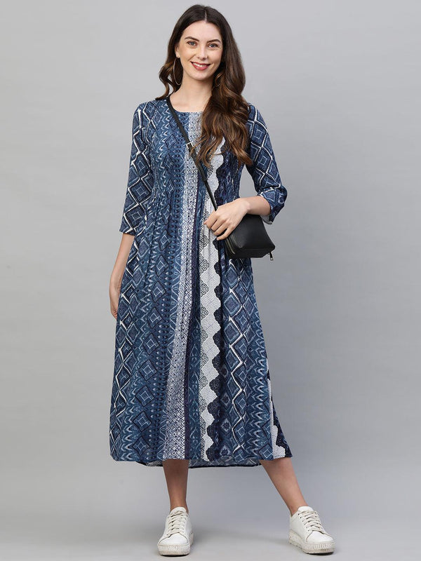 Ethnic Mix Printed Flared Maxi Dress - Indigo Blue - Indiakreations