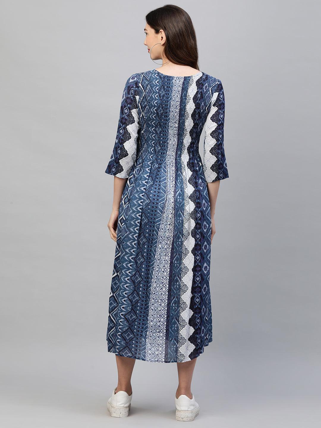 Ethnic Mix Printed Flared Maxi Dress - Indigo Blue - Indiakreations