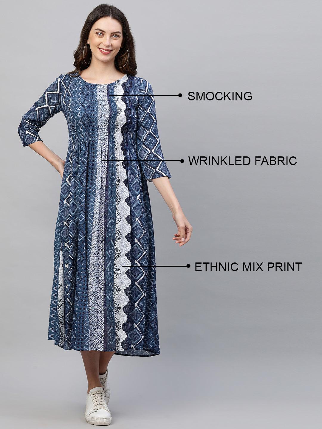 Ethnic Mix Printed Flared Maxi Dress - Indigo Blue - Indiakreations