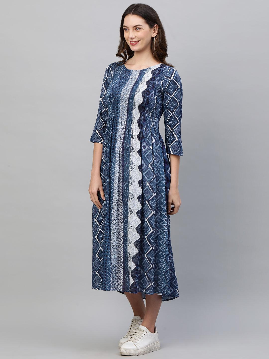 Ethnic Mix Printed Flared Maxi Dress - Indigo Blue - Indiakreations