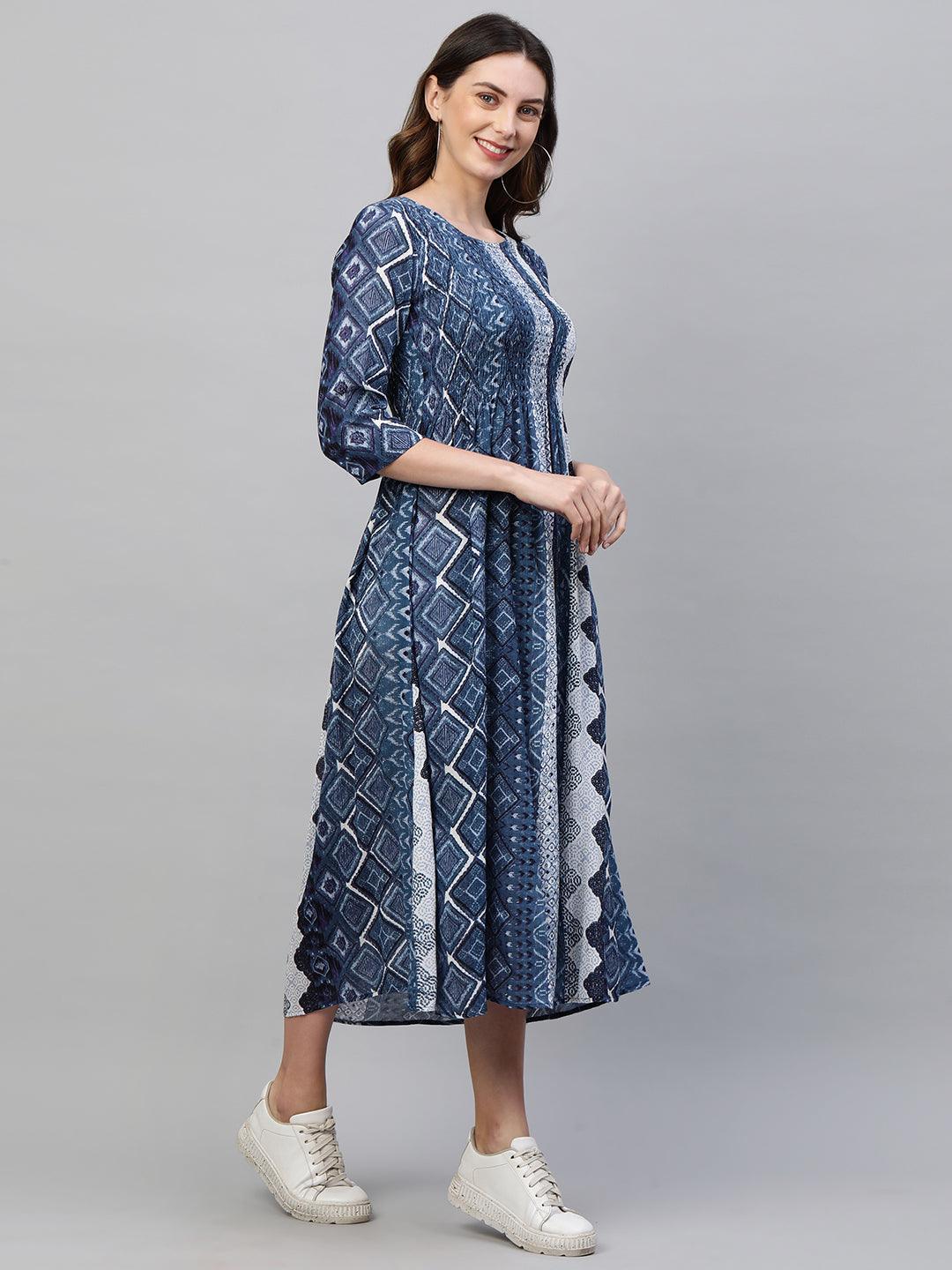 Ethnic Mix Printed Flared Maxi Dress - Indigo Blue - Indiakreations