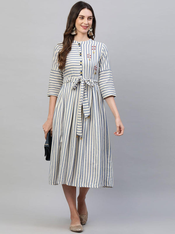 Woven Striped A-Line Maxi Dress with a Fabric Belt - Beige - Indiakreations