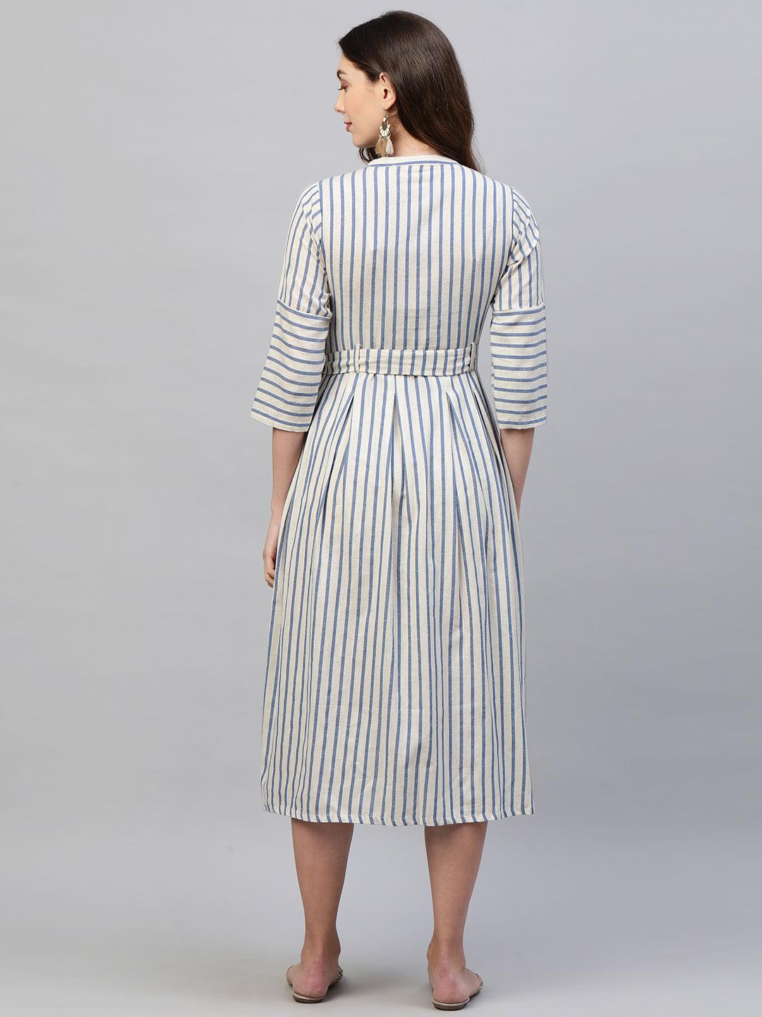 Woven Striped A-Line Maxi Dress with a Fabric Belt - Beige - Indiakreations