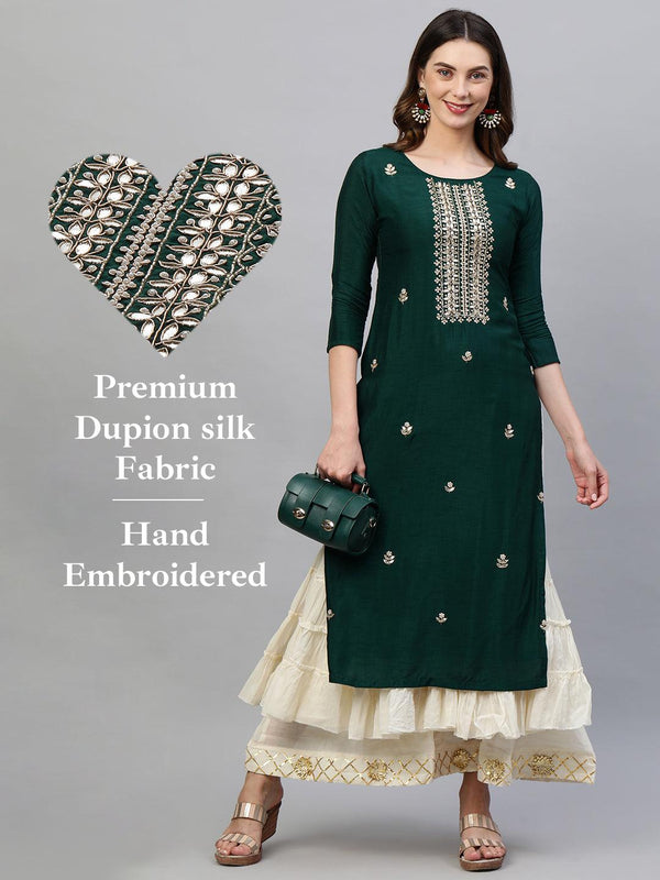 Gota Patti Hand Embroidered Straight Kurta – Emerald Green - Indiakreations