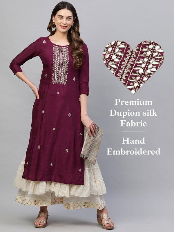 Gota Patti Hand Embroidered Straight Kurta – Wine - Indiakreations