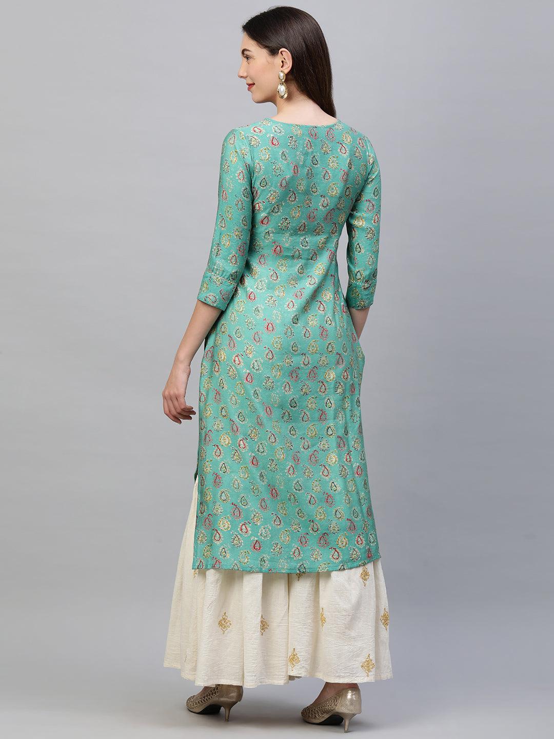 Paisley Foil Printed & Zari Embroidered Straight Kurta – Green - Indiakreations