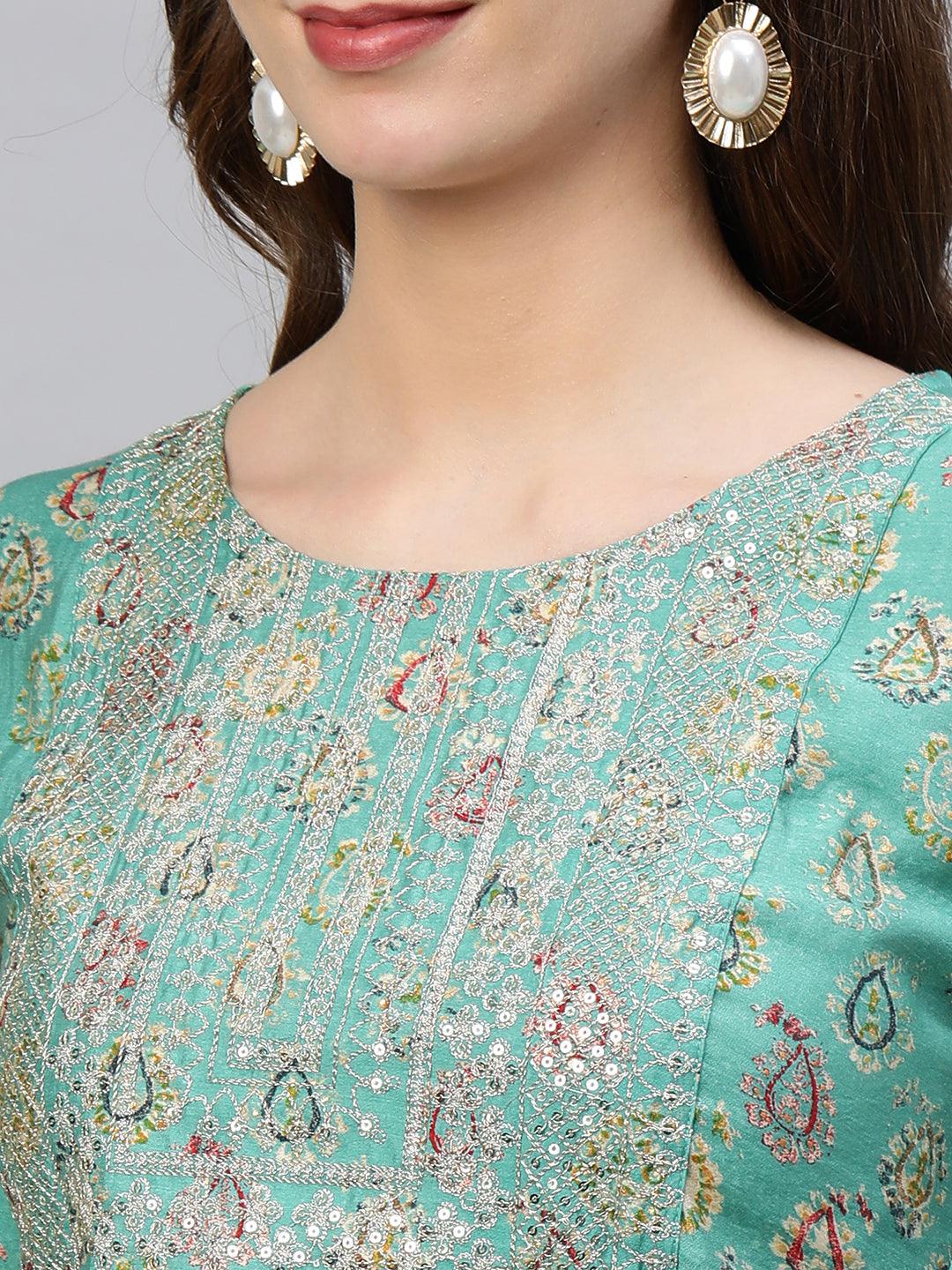 Paisley Foil Printed & Zari Embroidered Straight Kurta – Green - Indiakreations