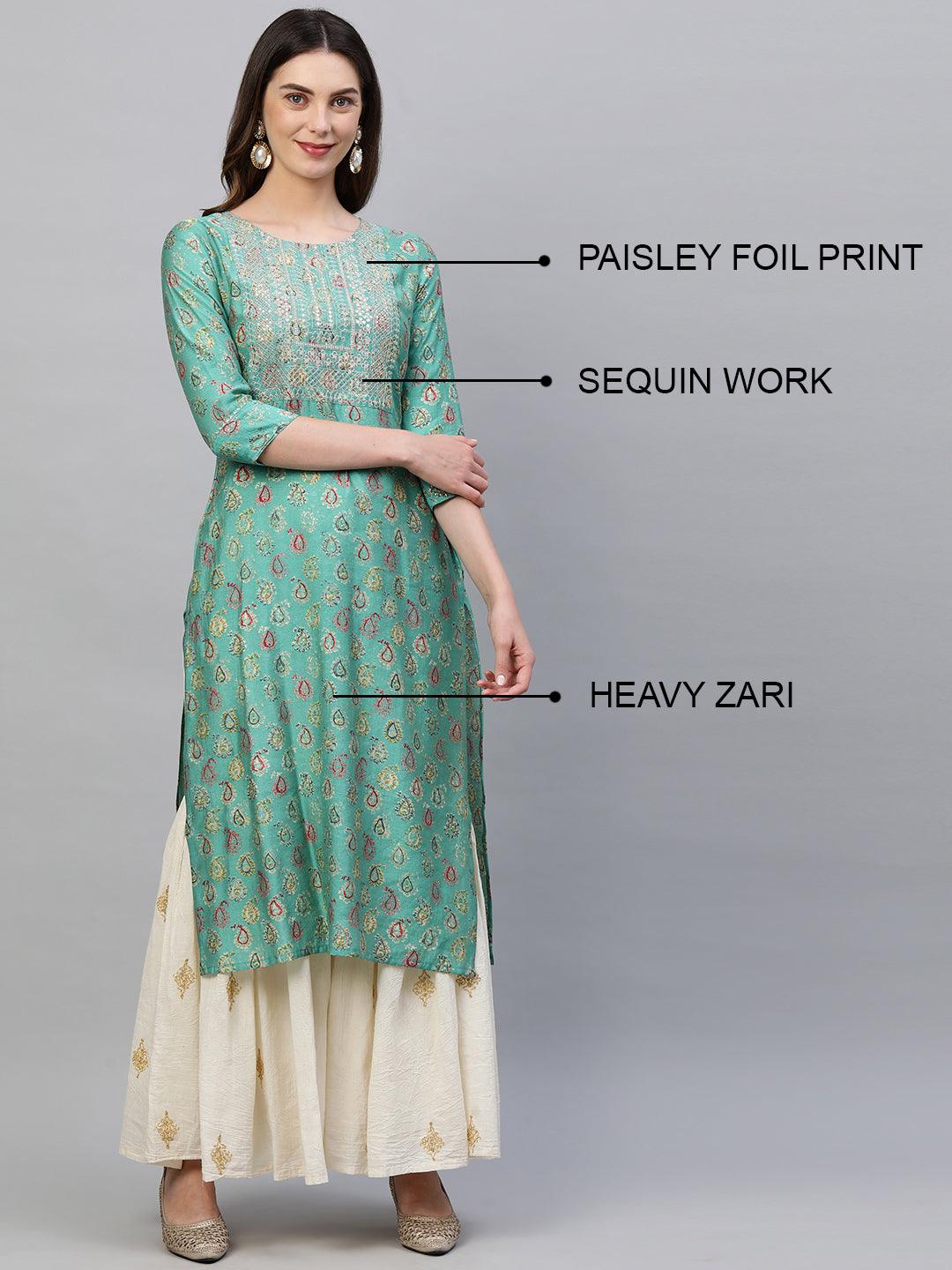 Paisley Foil Printed & Zari Embroidered Straight Kurta – Green - Indiakreations