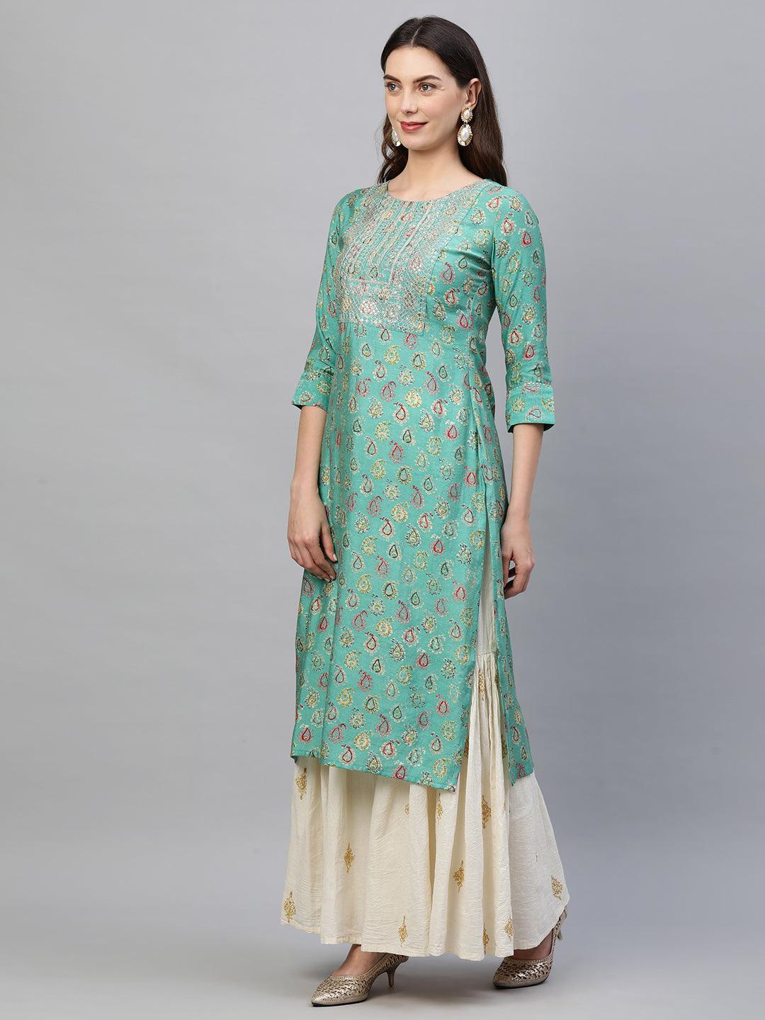 Paisley Foil Printed & Zari Embroidered Straight Kurta – Green - Indiakreations