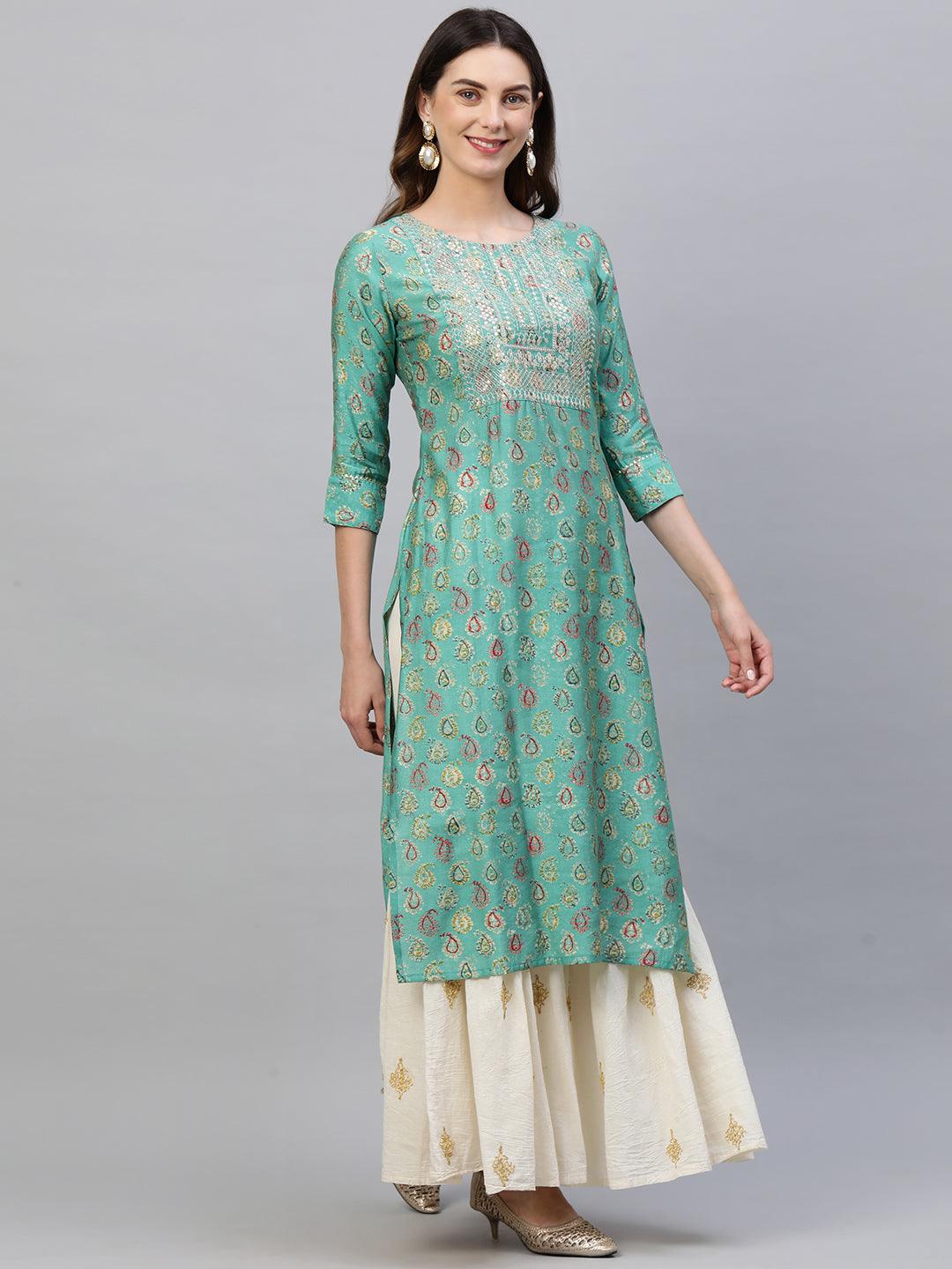 Paisley Foil Printed & Zari Embroidered Straight Kurta – Green - Indiakreations