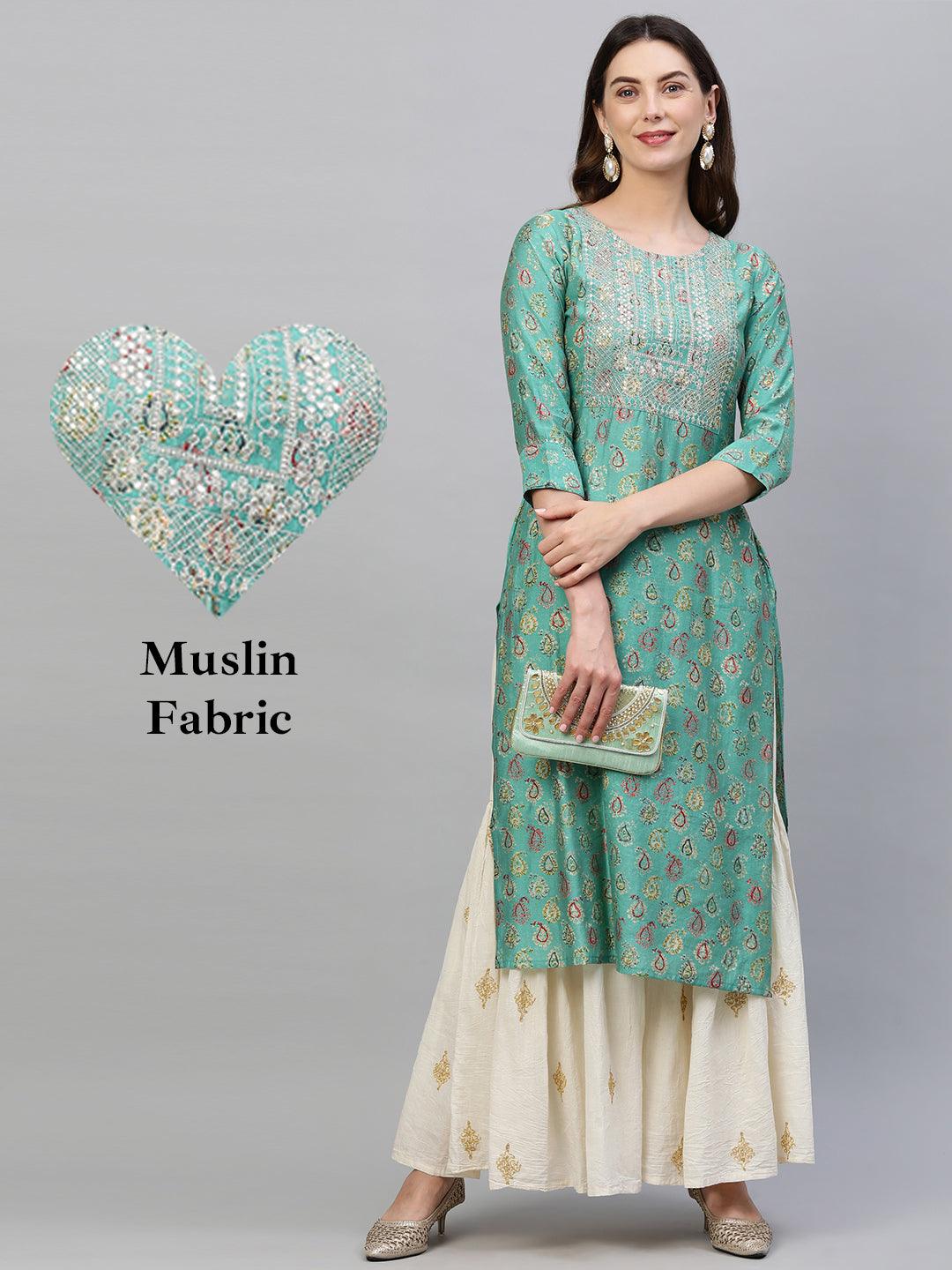 Paisley Foil Printed & Zari Embroidered Straight Kurta – Green - Indiakreations