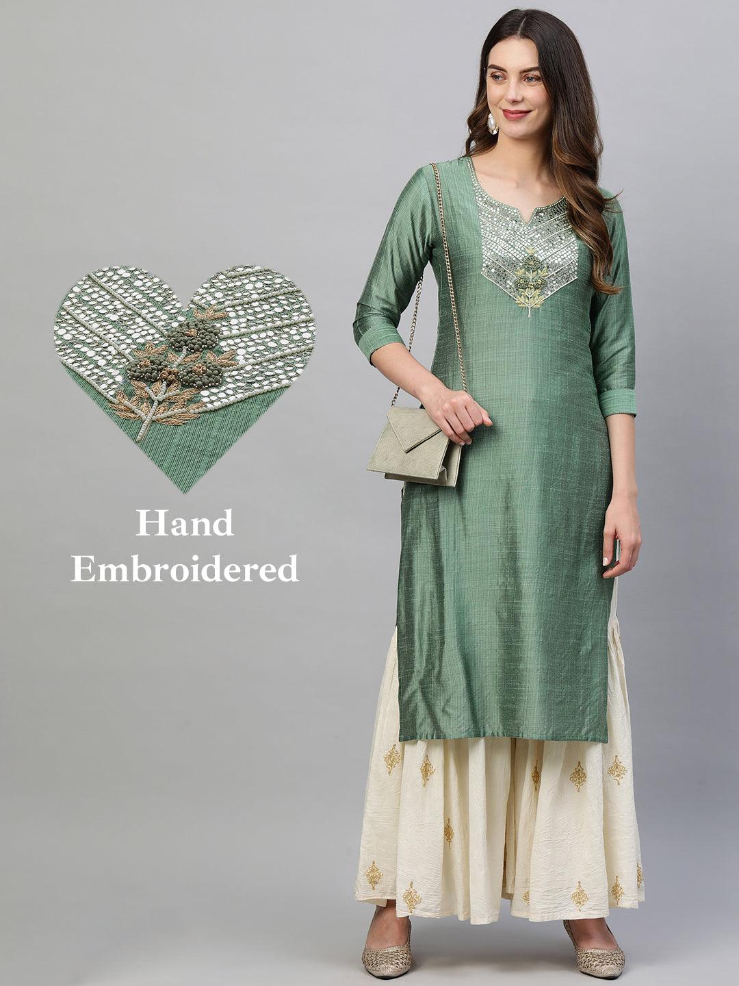 Mirror & Thread Hand Embroidered Straight Kurta – Green - Indiakreations