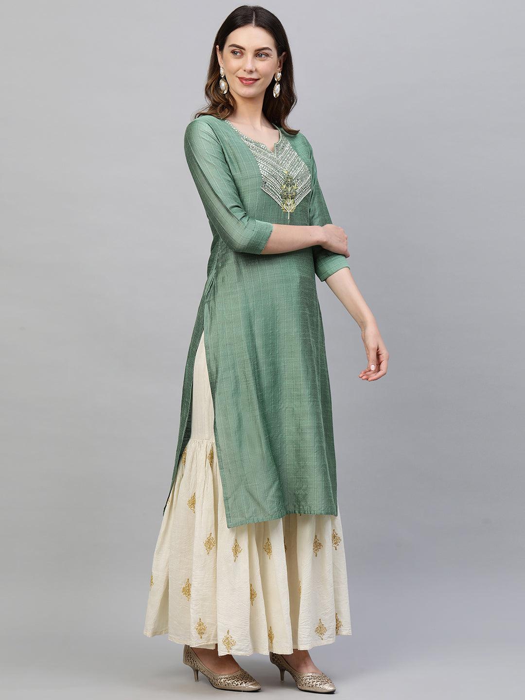 Mirror & Thread Hand Embroidered Straight Kurta – Green - Indiakreations