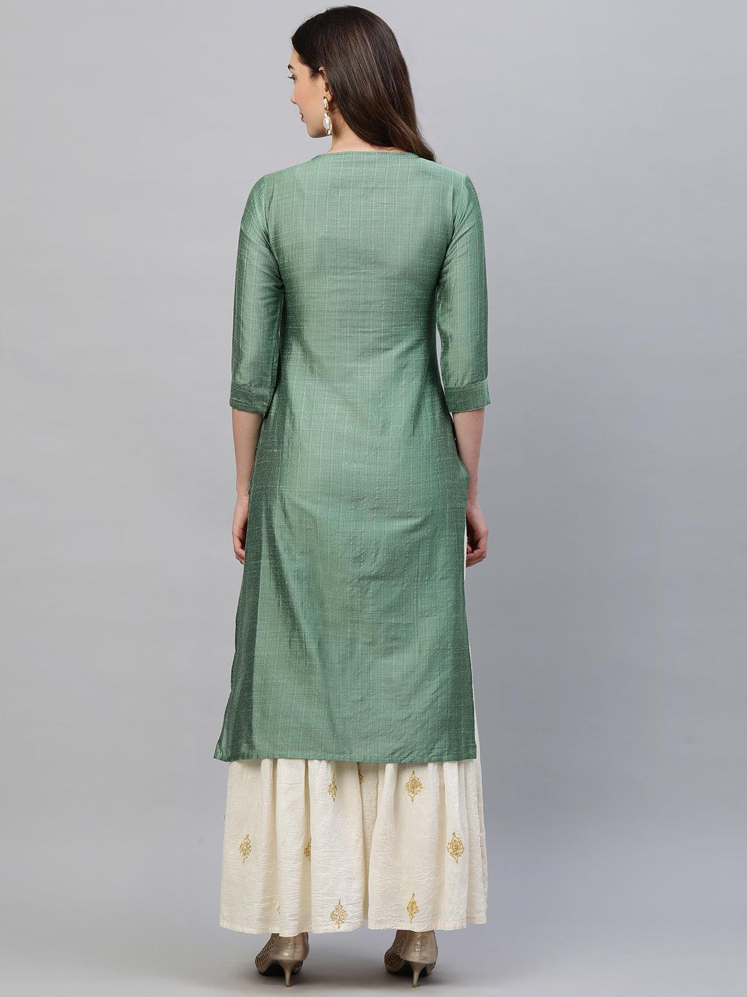 Mirror & Thread Hand Embroidered Straight Kurta – Green - Indiakreations