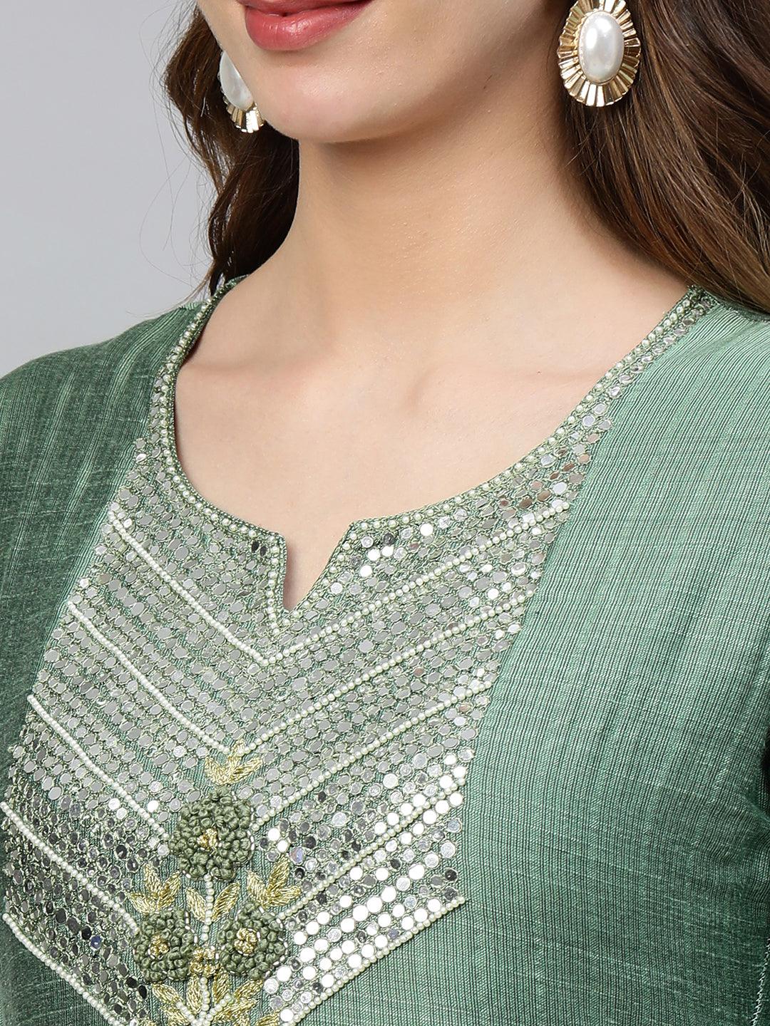 Mirror & Thread Hand Embroidered Straight Kurta – Green - Indiakreations