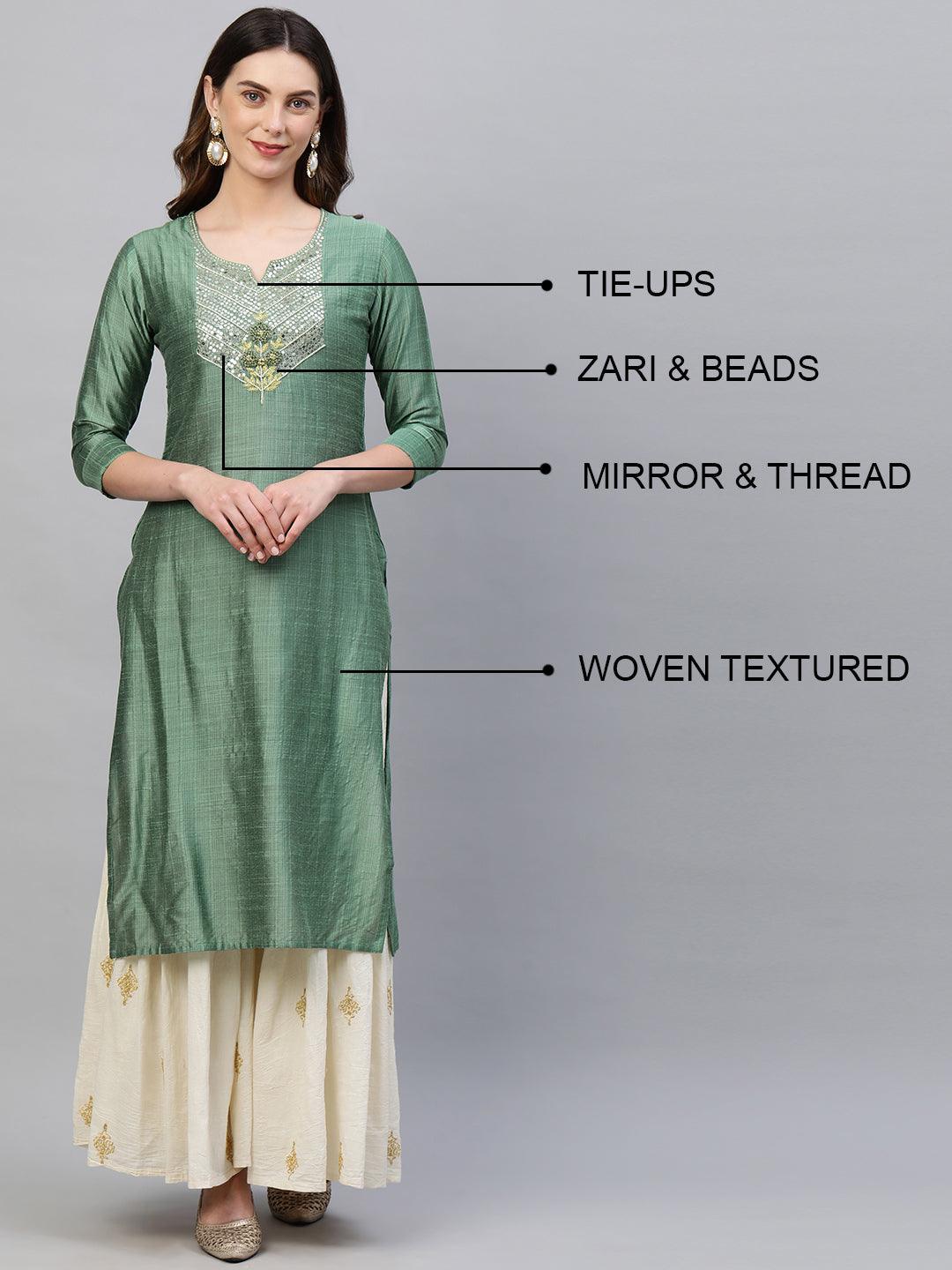 Mirror & Thread Hand Embroidered Straight Kurta – Green - Indiakreations