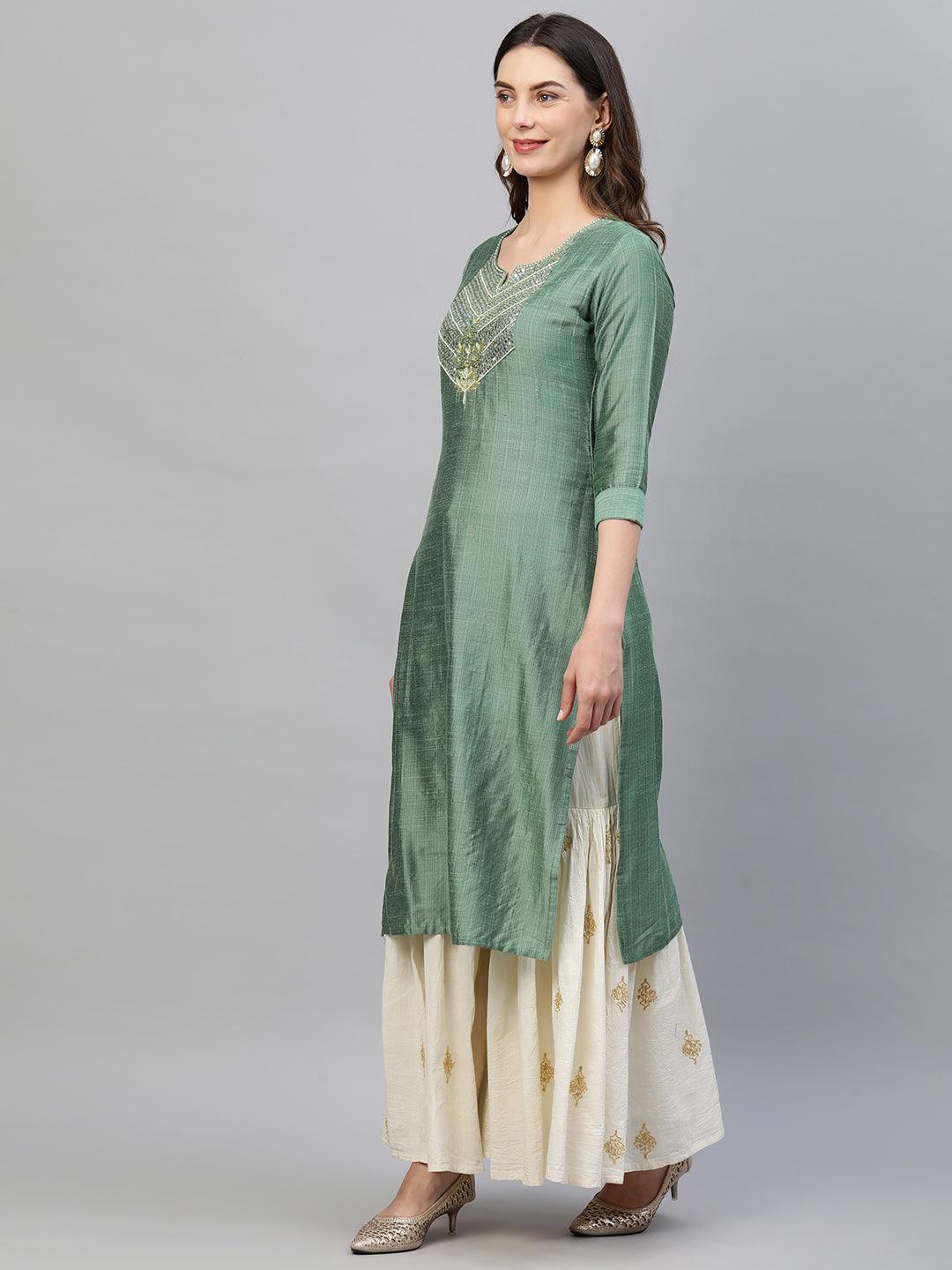 Mirror & Thread Hand Embroidered Straight Kurta – Green - Indiakreations